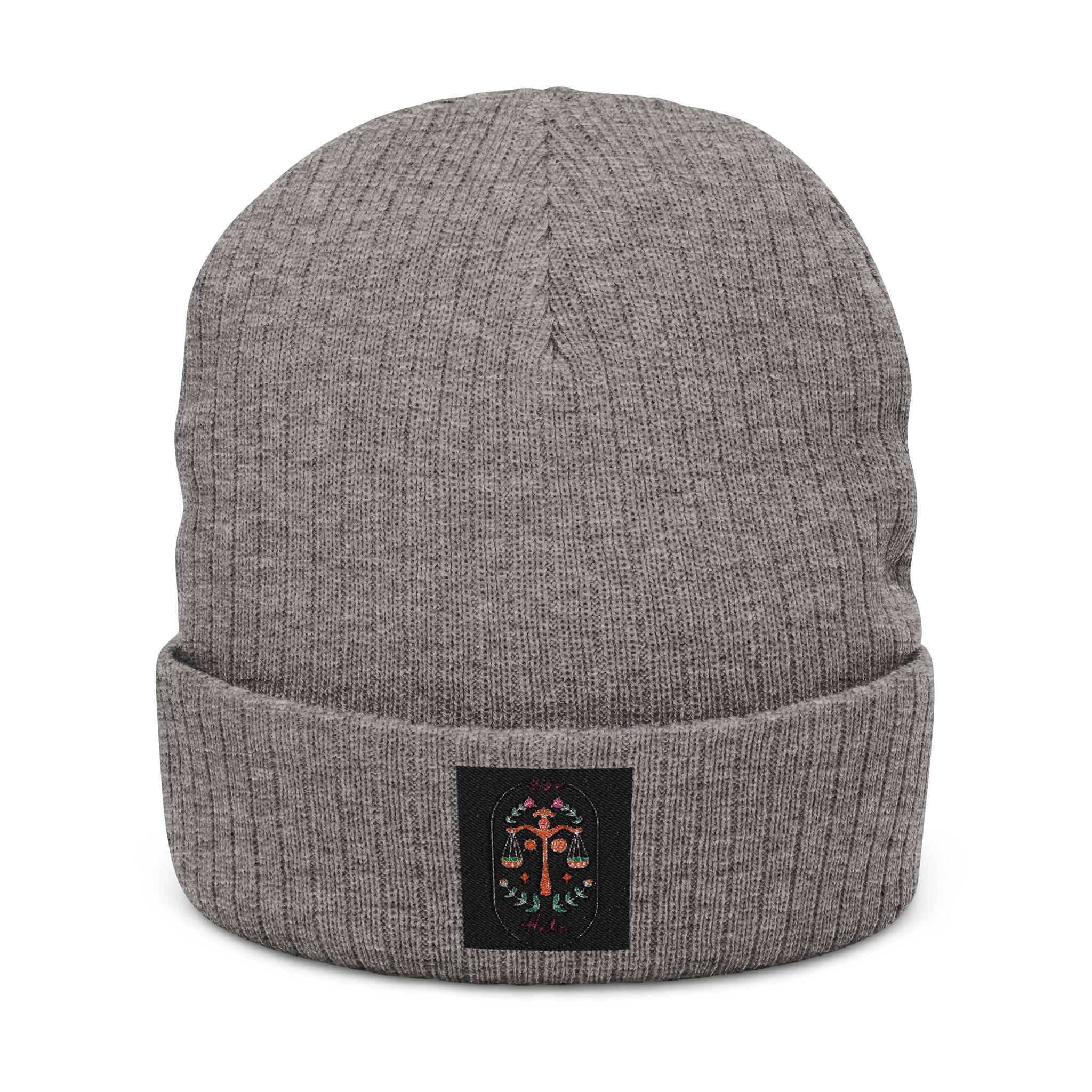 Embroidered Floral Cross Ribbed Knit Beanie - Cozy Gothic Winter Hat