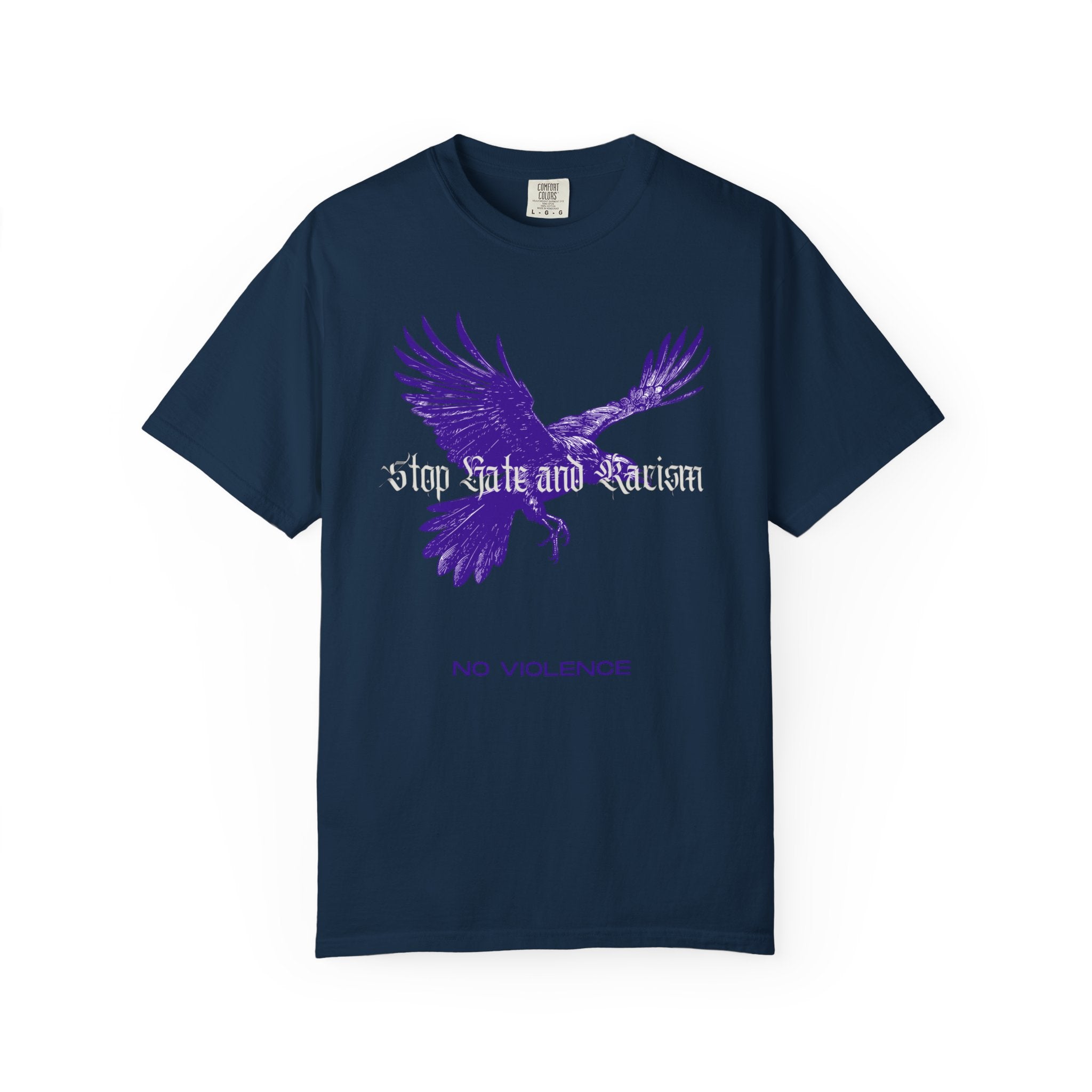 No Violence Raven T-Shirt — Purple Flying Crow Graphic Tee