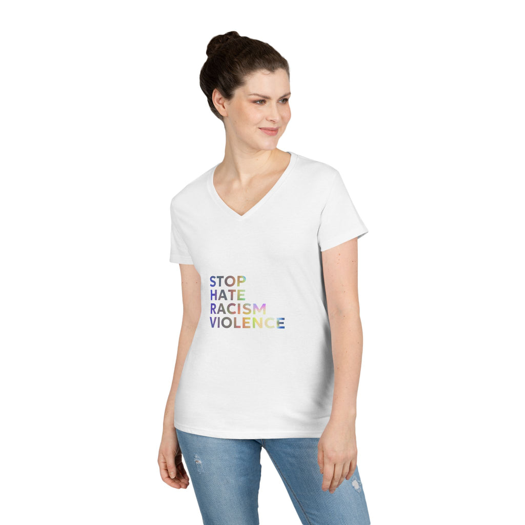 Stop Hate Racism Violence V-Neck Tee — Women’s Social Justice T-Shirt