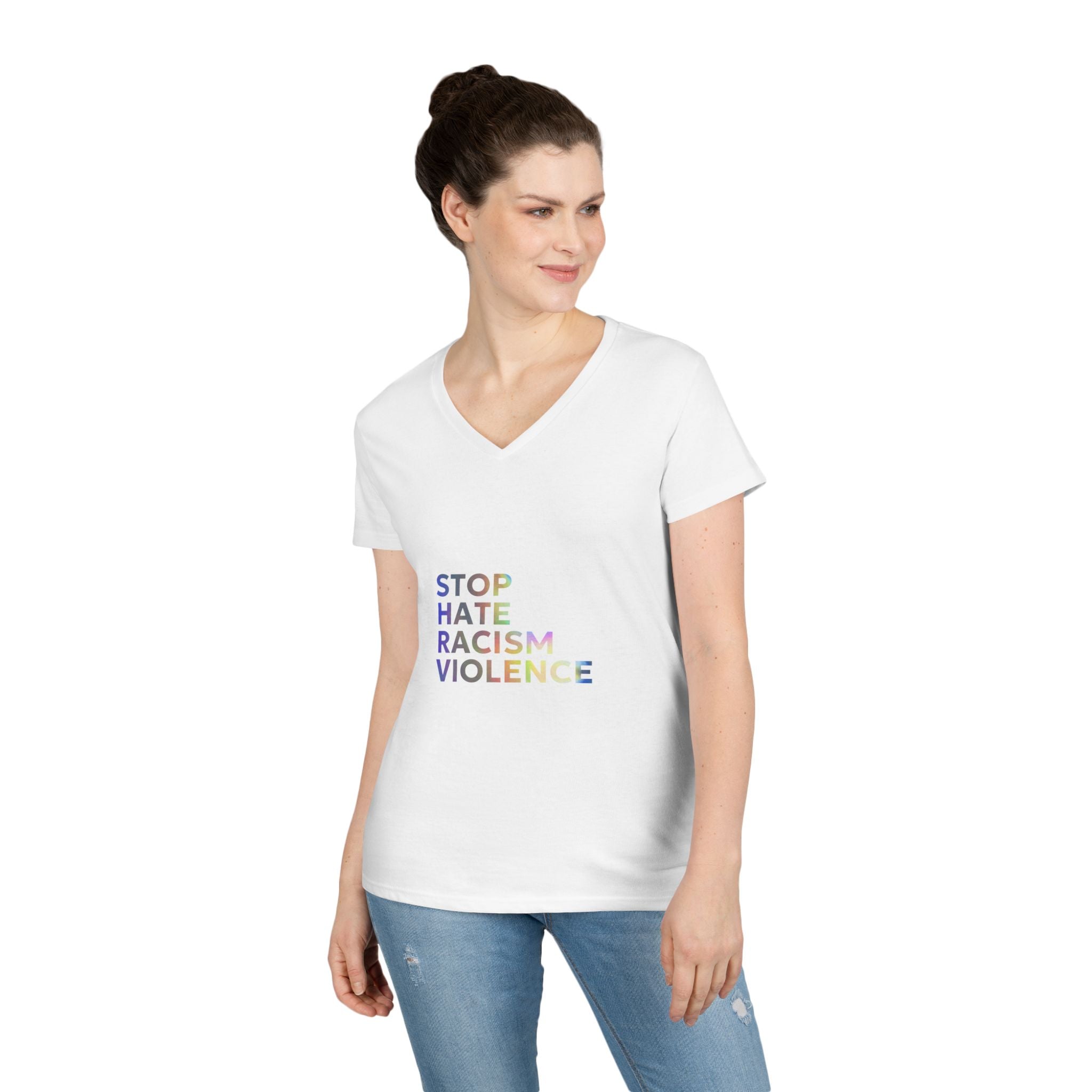 Stop Hate Racism Violence V-Neck Tee — Women’s Social Justice T-Shirt