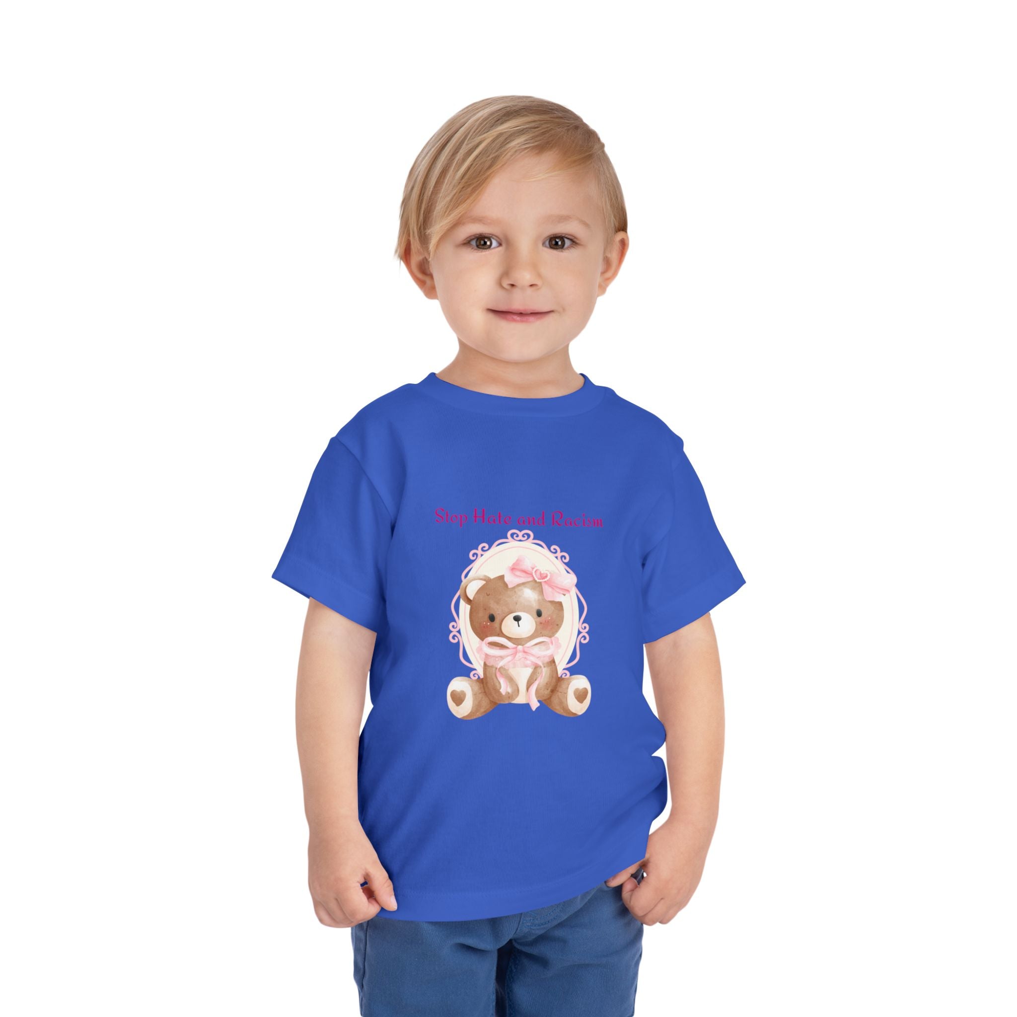 Toddler Tee – Pink Teddy "Stop Hate and Racism" Anti-Racism Kids Shirt