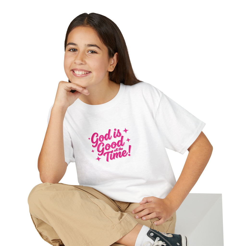 Youth T-Shirt — "God Is Good Time!" Pink Script Faith Tee