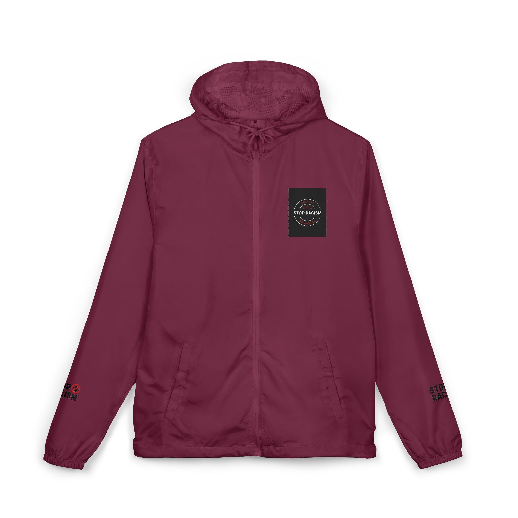 Windbreaker Jacket — Minimal White Camo Hooded Windbreaker with Small Chest Patch & Sleeve Logos