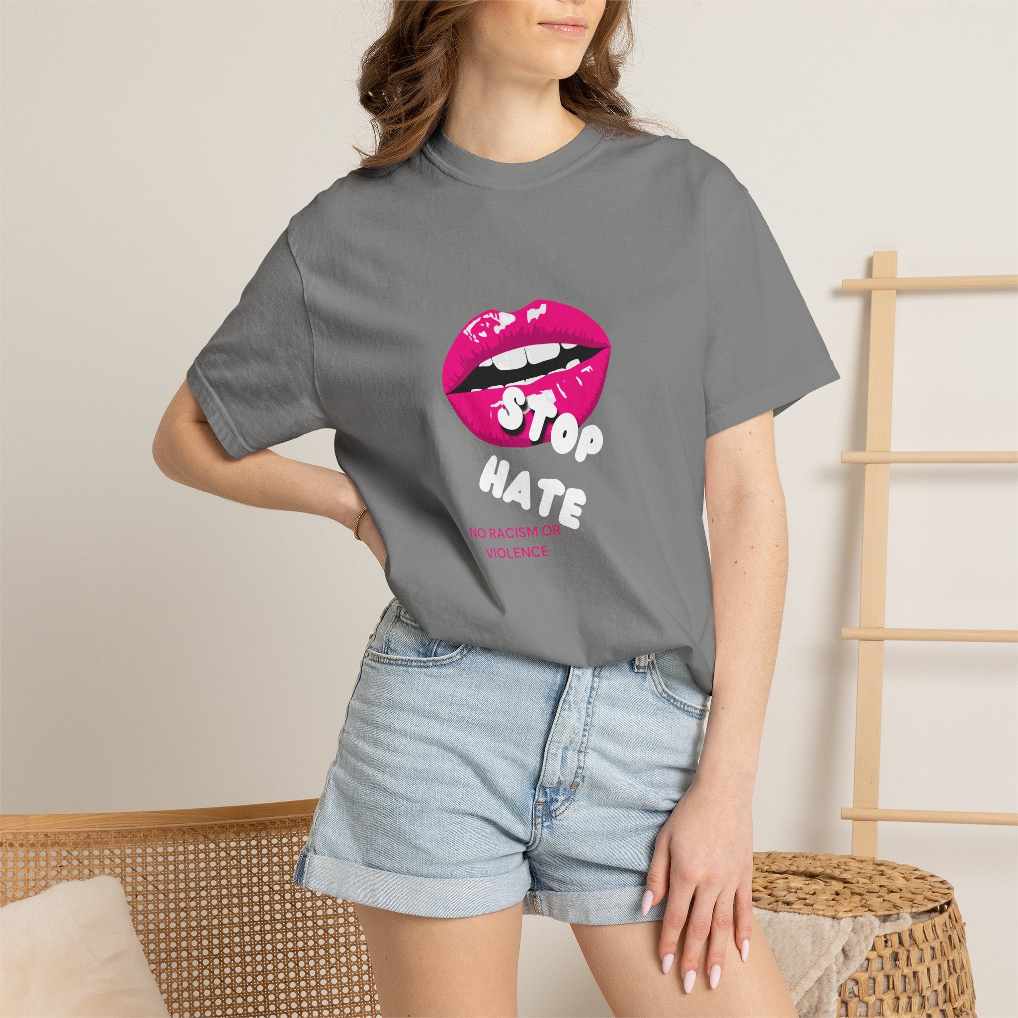 T-Shirt — Pink Lip 'Stop' Graphic Tee (No Racism or Violence)