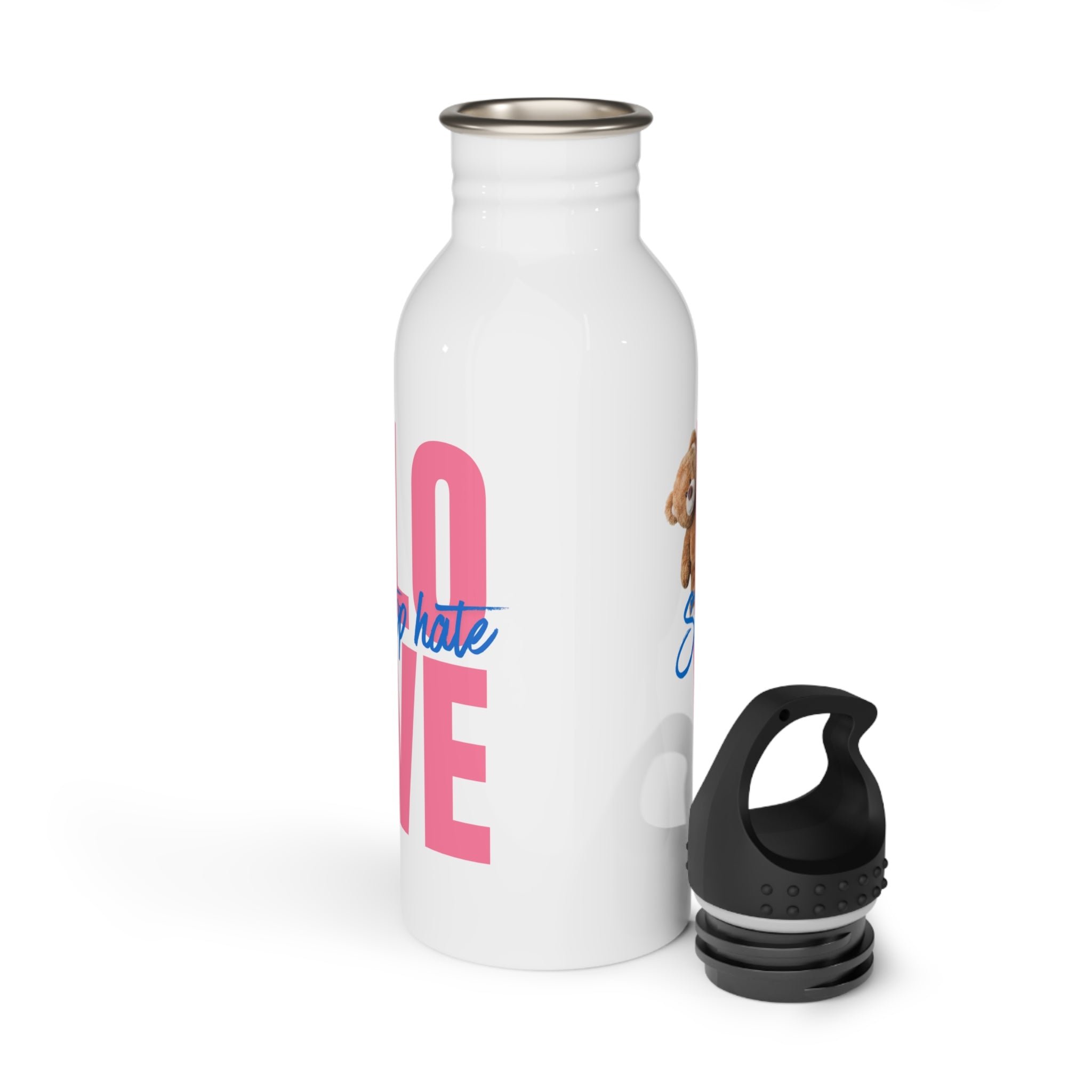 Stainless Water Bottle — 'LOVE Stop Hate' Pink Teddy Anti-Hate Bottle