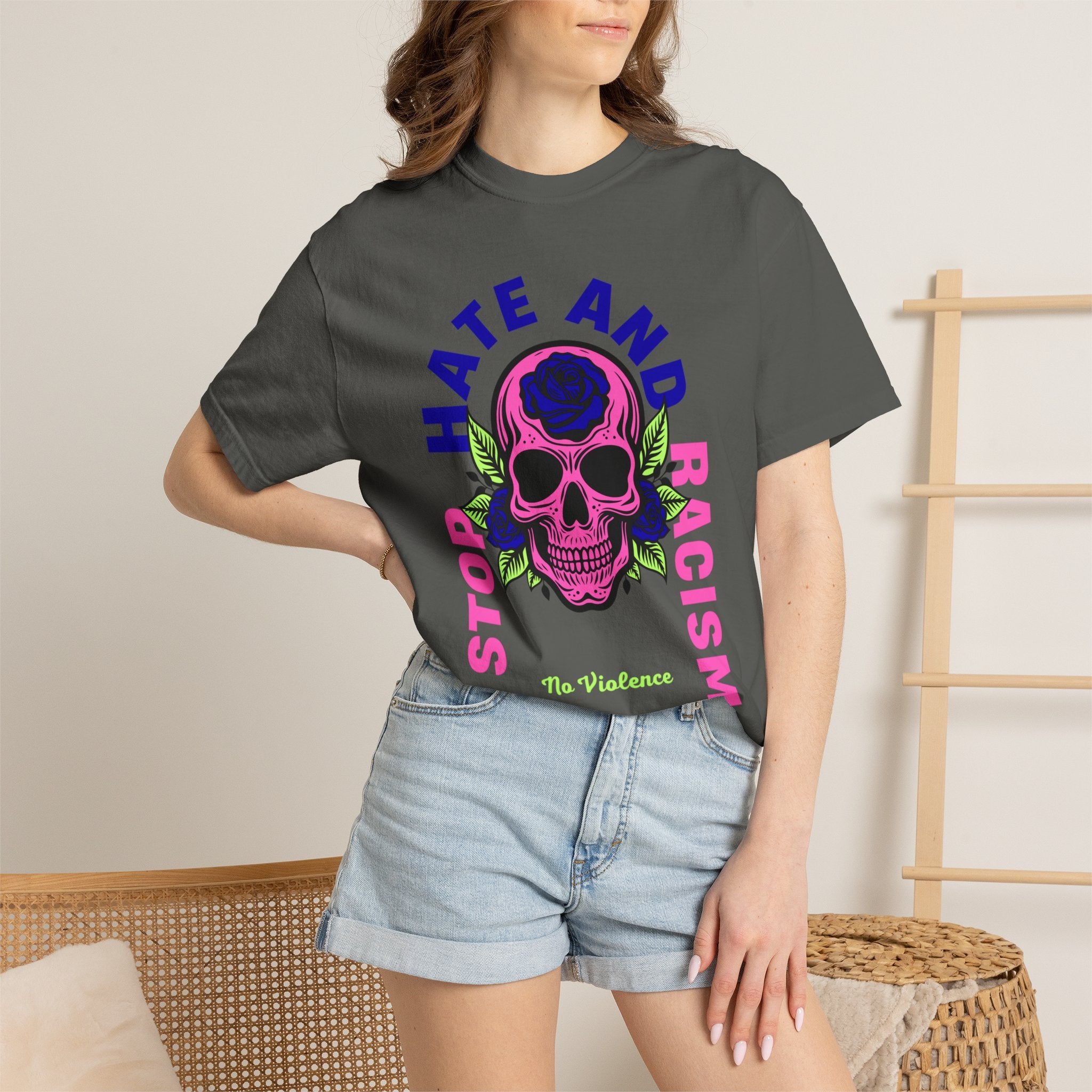 Stop Hate and Racism Skull T-Shirt — Anti-Racism Statement Tee