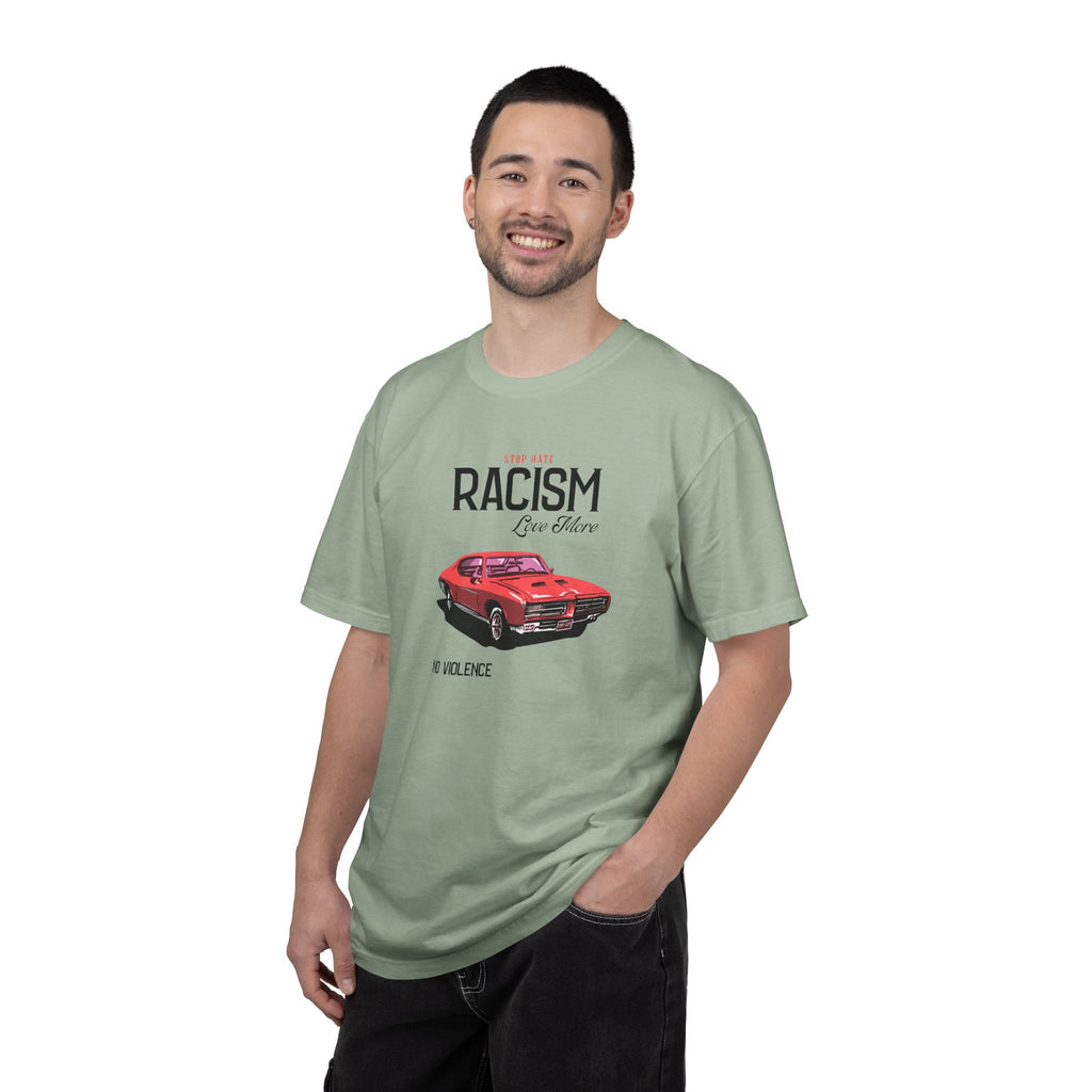 Anti-Racism Graphic T-Shirt — “Stop Hate, Racism, Love More” with Vintage Red Muscle Car