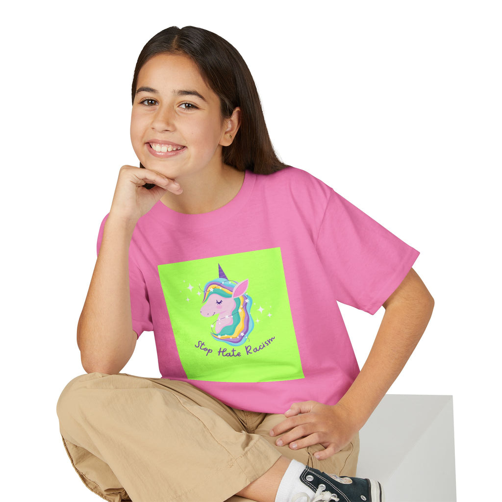 Youth T-Shirt — Rainbow Unicorn “Stop Hate Racism” Graphic