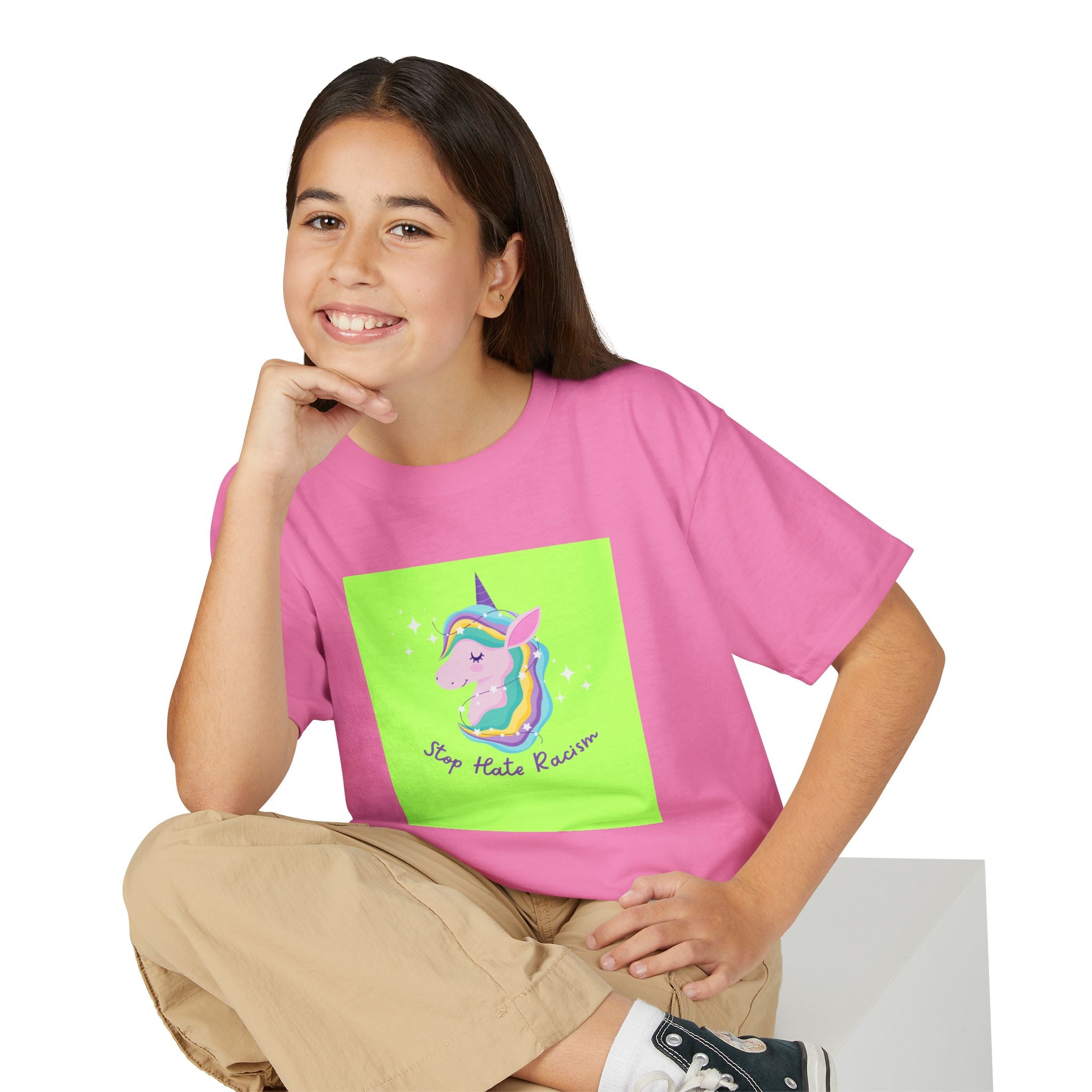 Youth T-Shirt — Rainbow Unicorn “Stop Hate Racism” Graphic