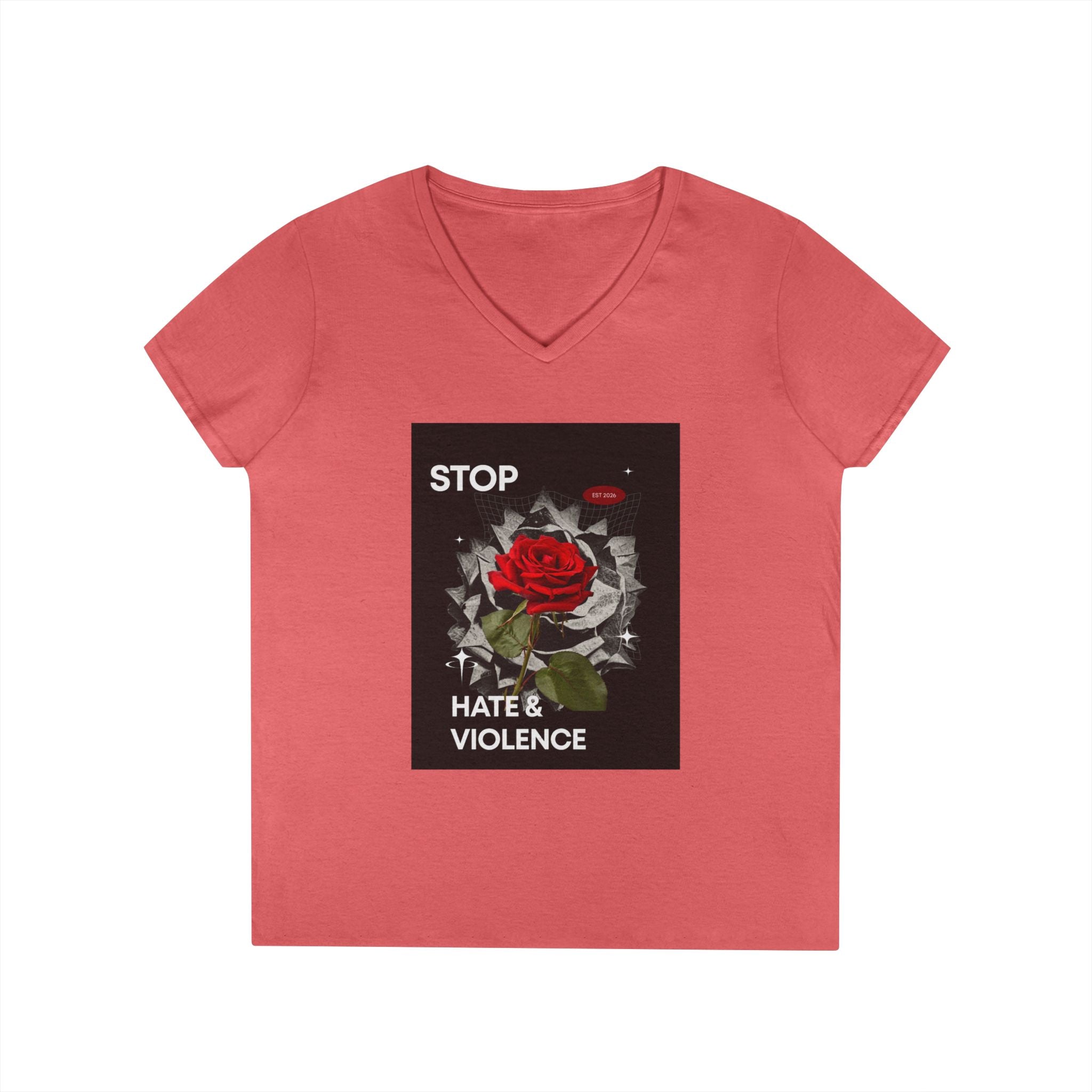 Stop Hate & Violence Women's V-Neck T-Shirt — Red Rose Peace Graphic Tee