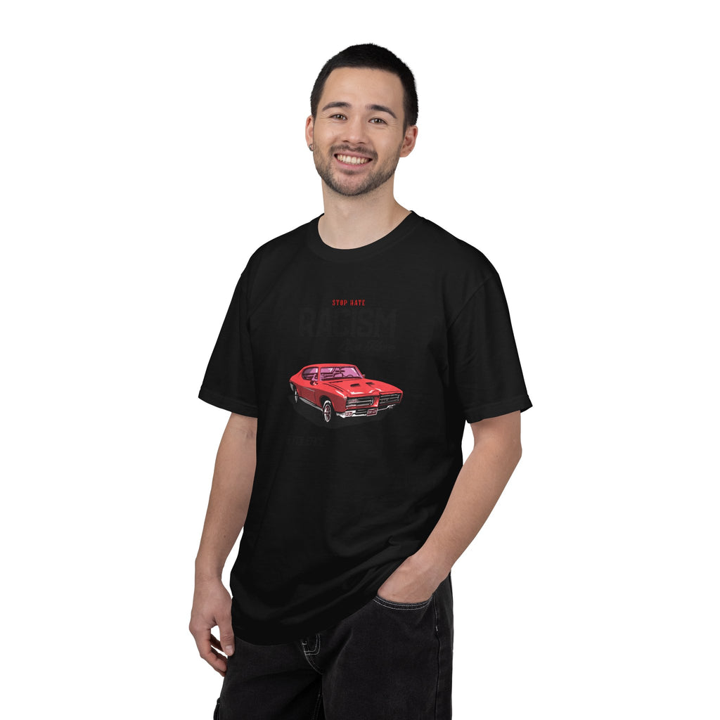Anti-Racism Graphic T-Shirt — “Stop Hate, Racism, Love More” with Vintage Red Muscle Car