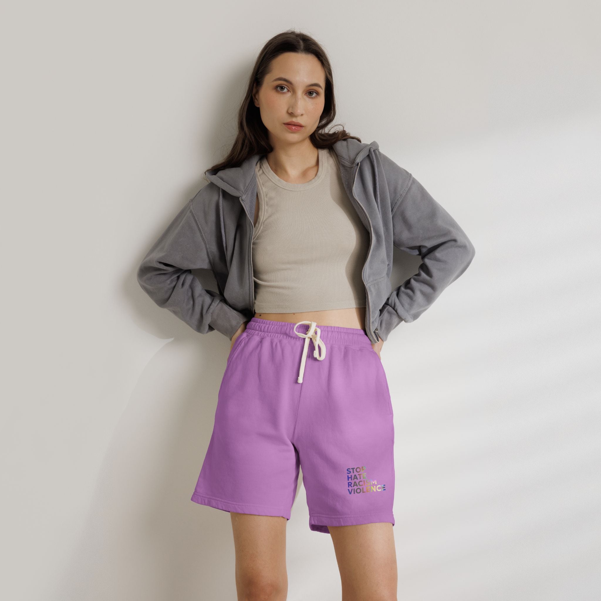 Stop Hate Shorts — Lightweight Fleece Sweat Shorts with "Stop Hate Racism and Violence" Print