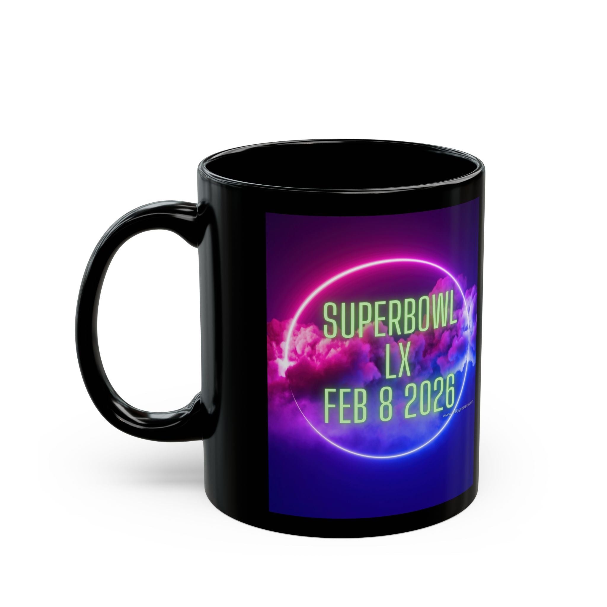 Super Bowl LX Feb 8 2026 Black Mug — Neon Retro Game Day Coffee Cup