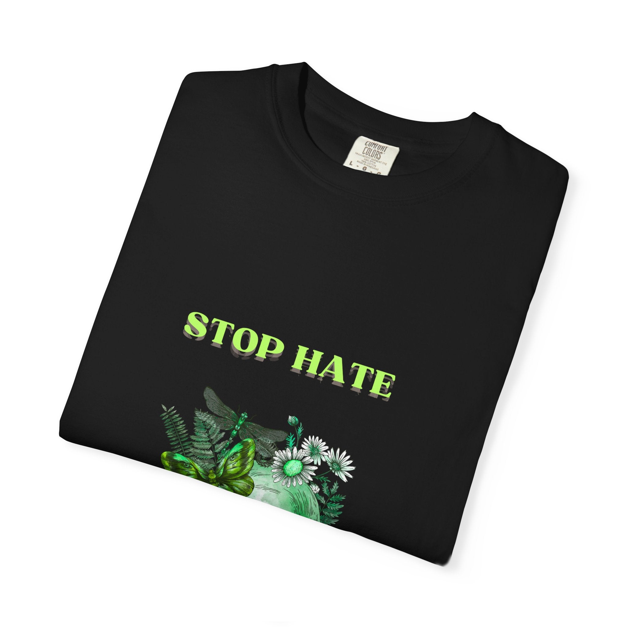 Stop Hate Skull T-Shirt — Green Floral Skull Graphic Tee