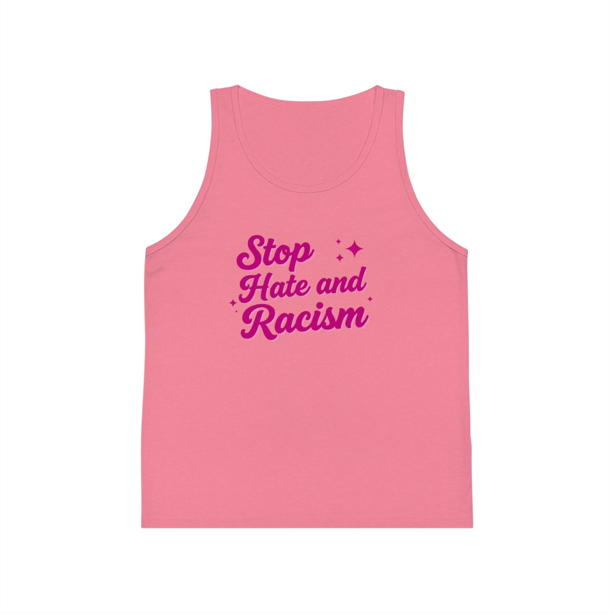 Kids Tank Top — "Stop Hate and Racism" Pink Script Kids Jersey Tank