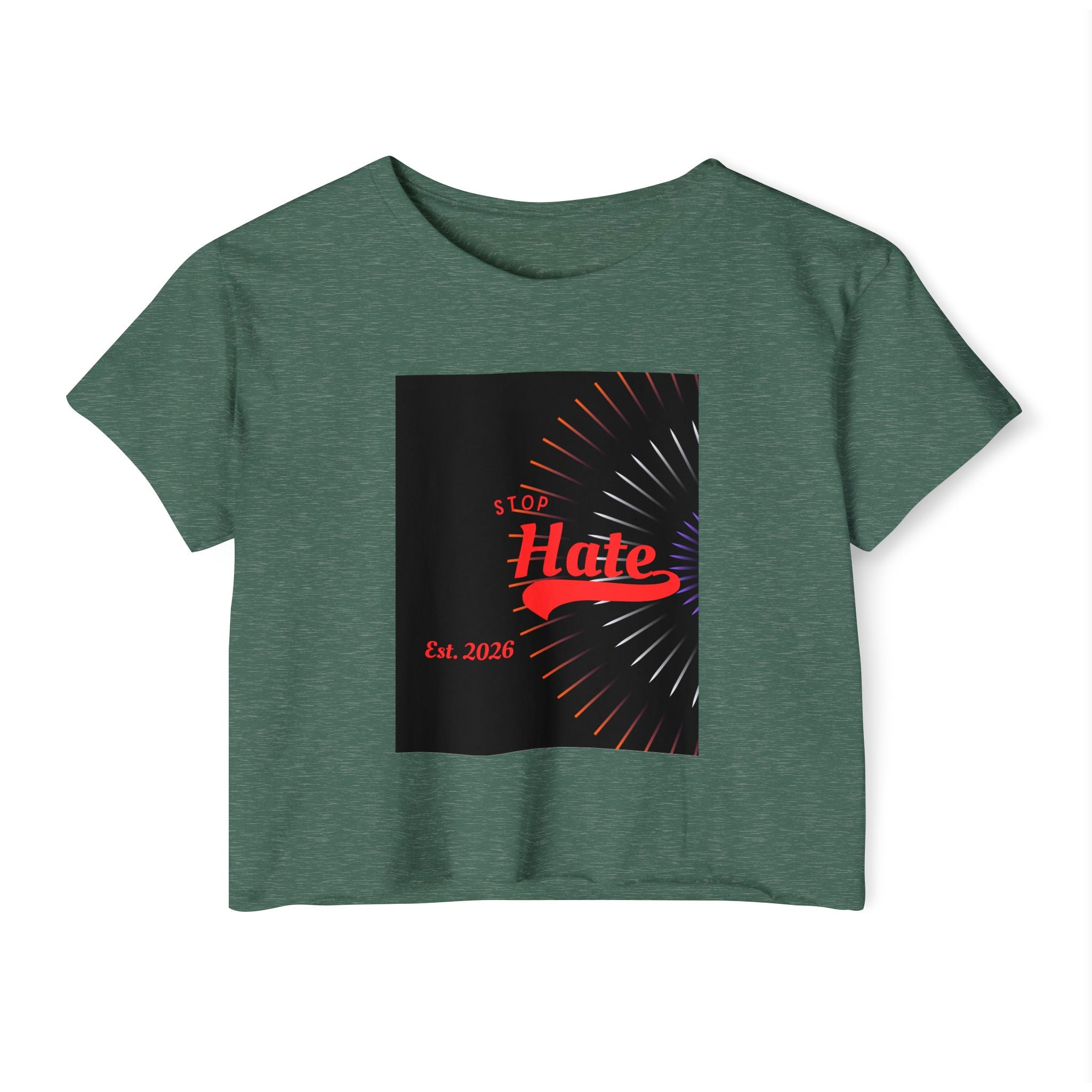 Crop Top — 'Stop Hate' Festival Crop Top, Retro Red Script Graphic