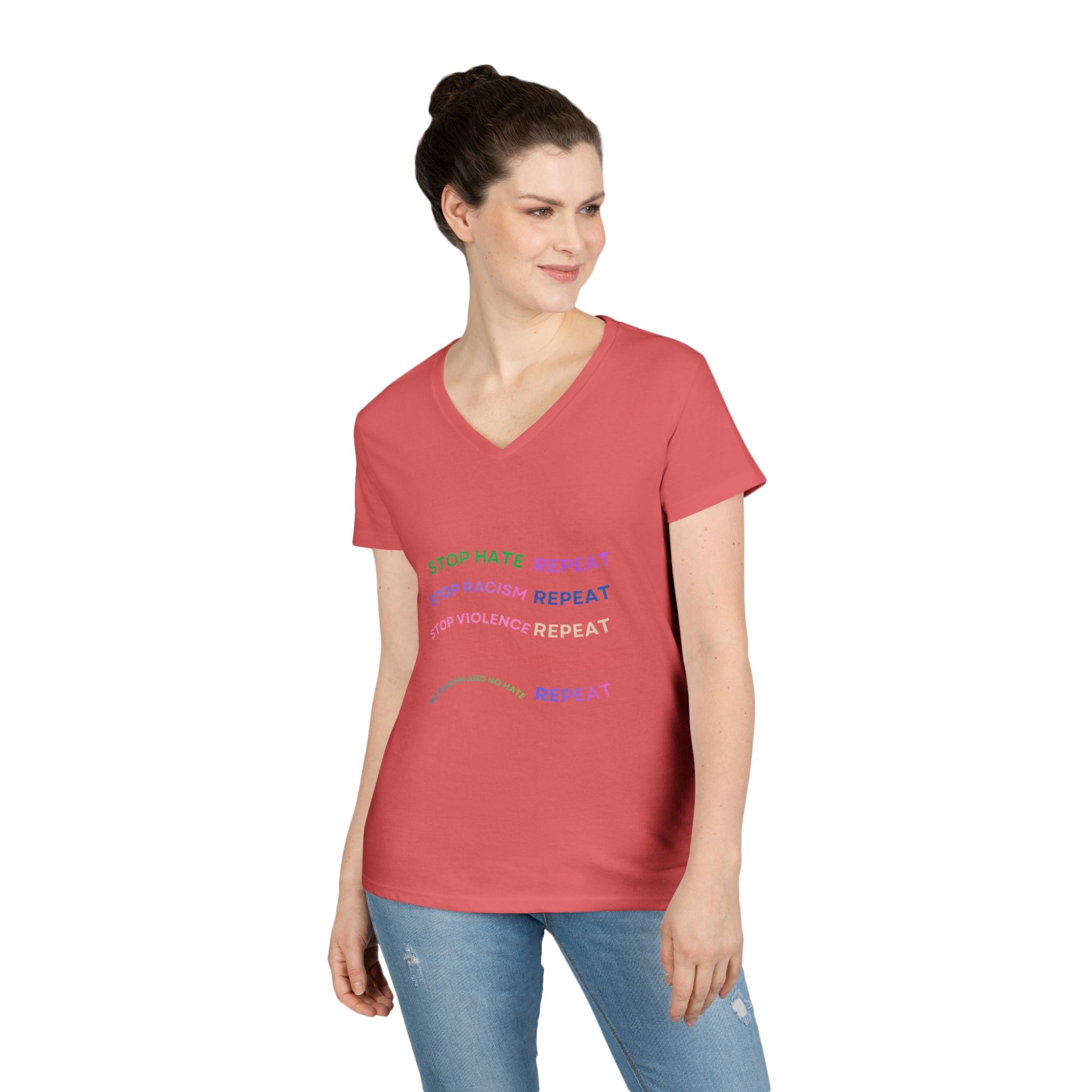Ladies' V-Neck T-Shirt — "Stop Hate Repeat" Anti-Racism Message Tee