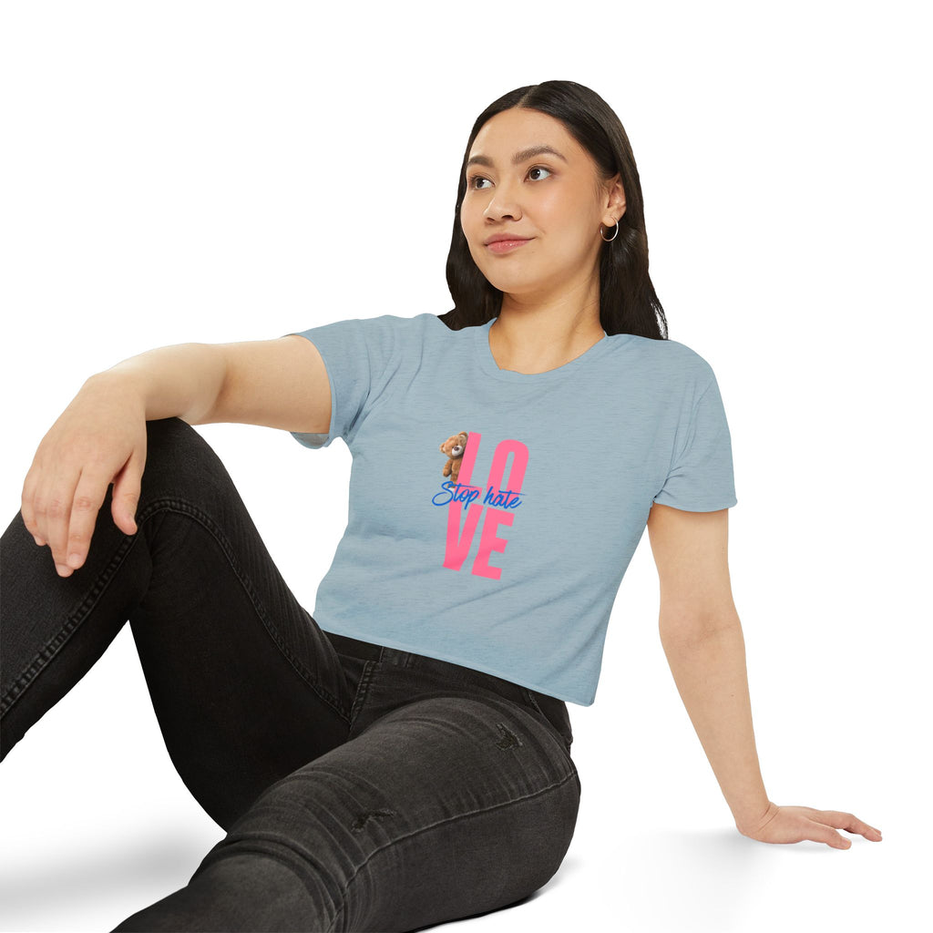LOVE Festival Crop Top — 'Stop Hate' Pink Teddy Graphic