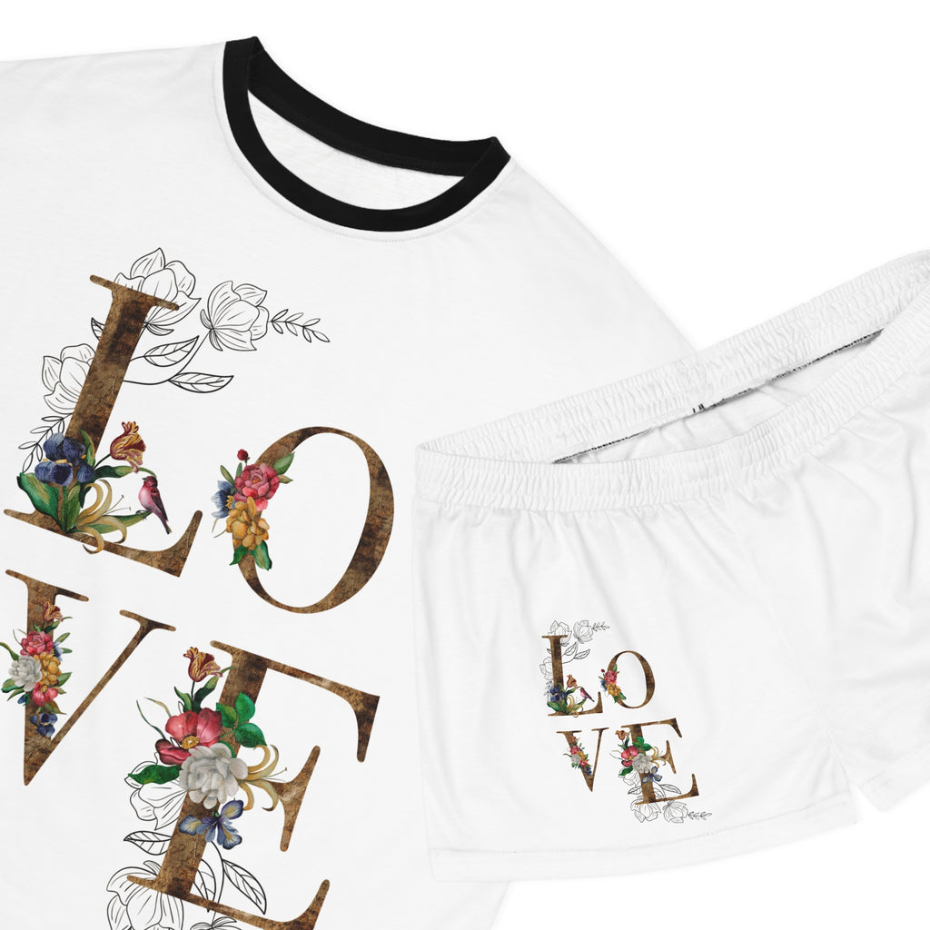 Women's Floral 'LOVE' Short Pajama Set - Cozy Romantic Sleepwear