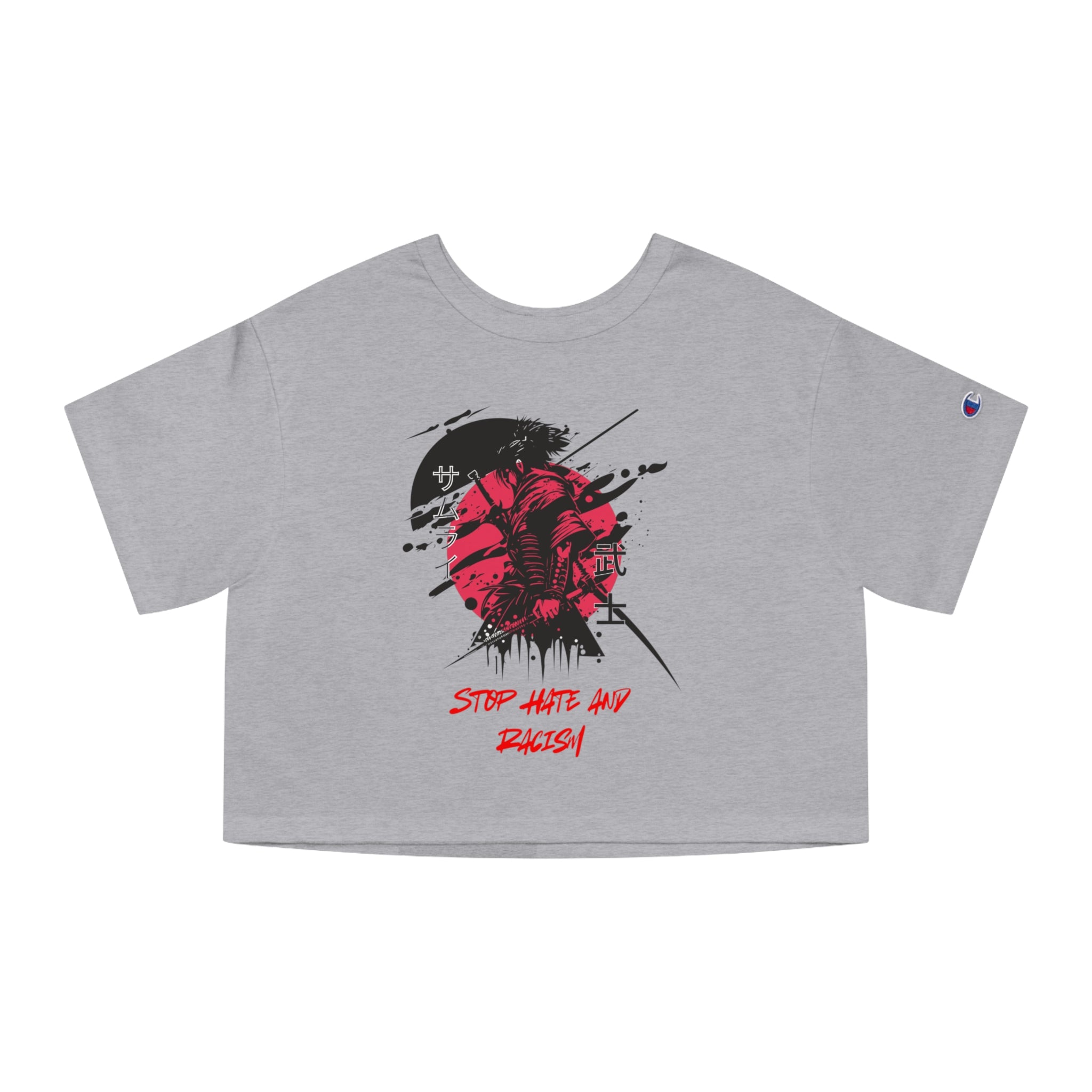 Cropped T-Shirt — "Stop Hate And Racism" Samurai Graphic