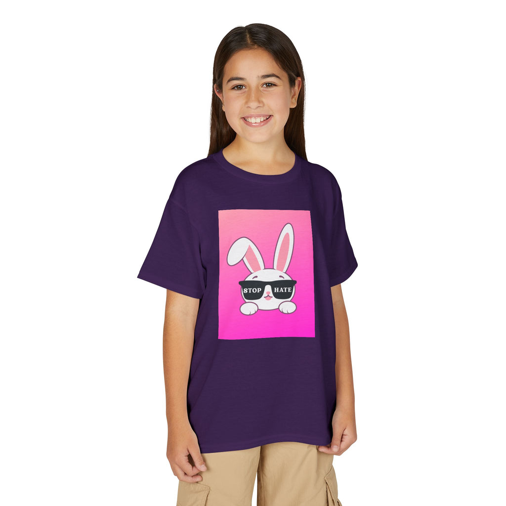 Youth T-Shirt — Pink Bunny "Stop Hate" Graphic