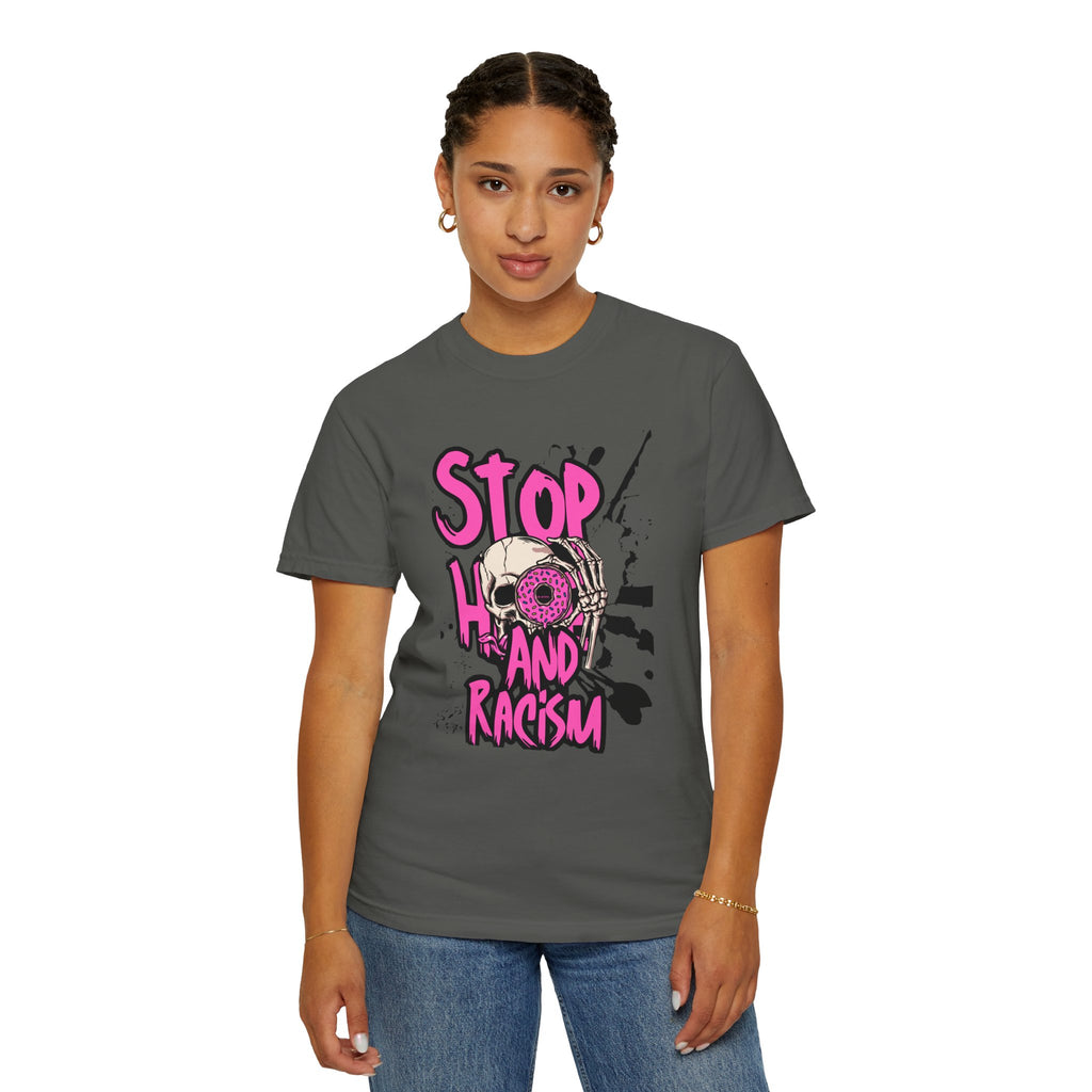 Stop H8 and Racism Graphic Tee — Anti-Racism Skull Donut Protest T-Shirt