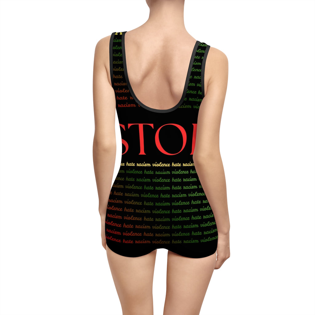 Vintage "Stop Racism" One-Piece Swimsuit — Retro Activist Bathing Suit