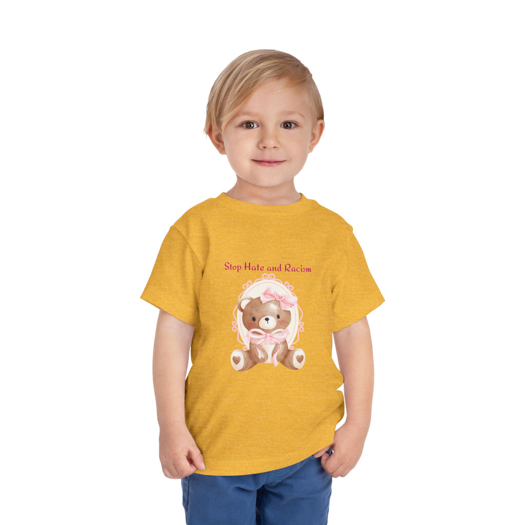 Toddler Tee – Pink Teddy "Stop Hate and Racism" Anti-Racism Kids Shirt