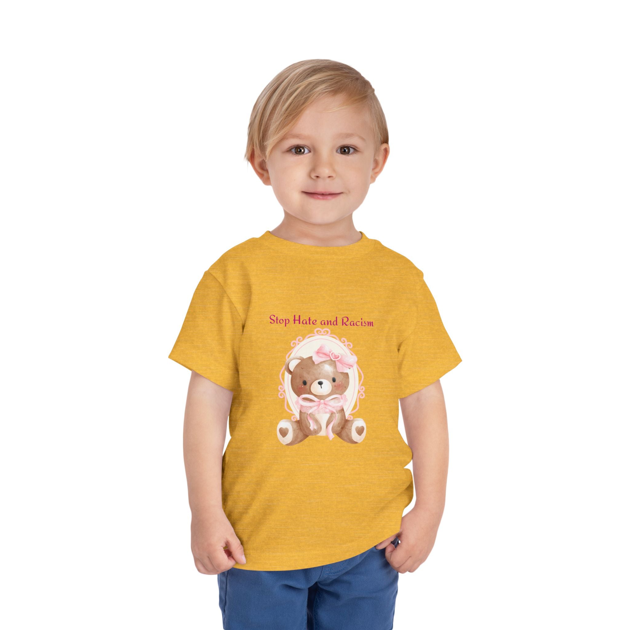 Toddler Tee – Pink Teddy "Stop Hate and Racism" Anti-Racism Kids Shirt