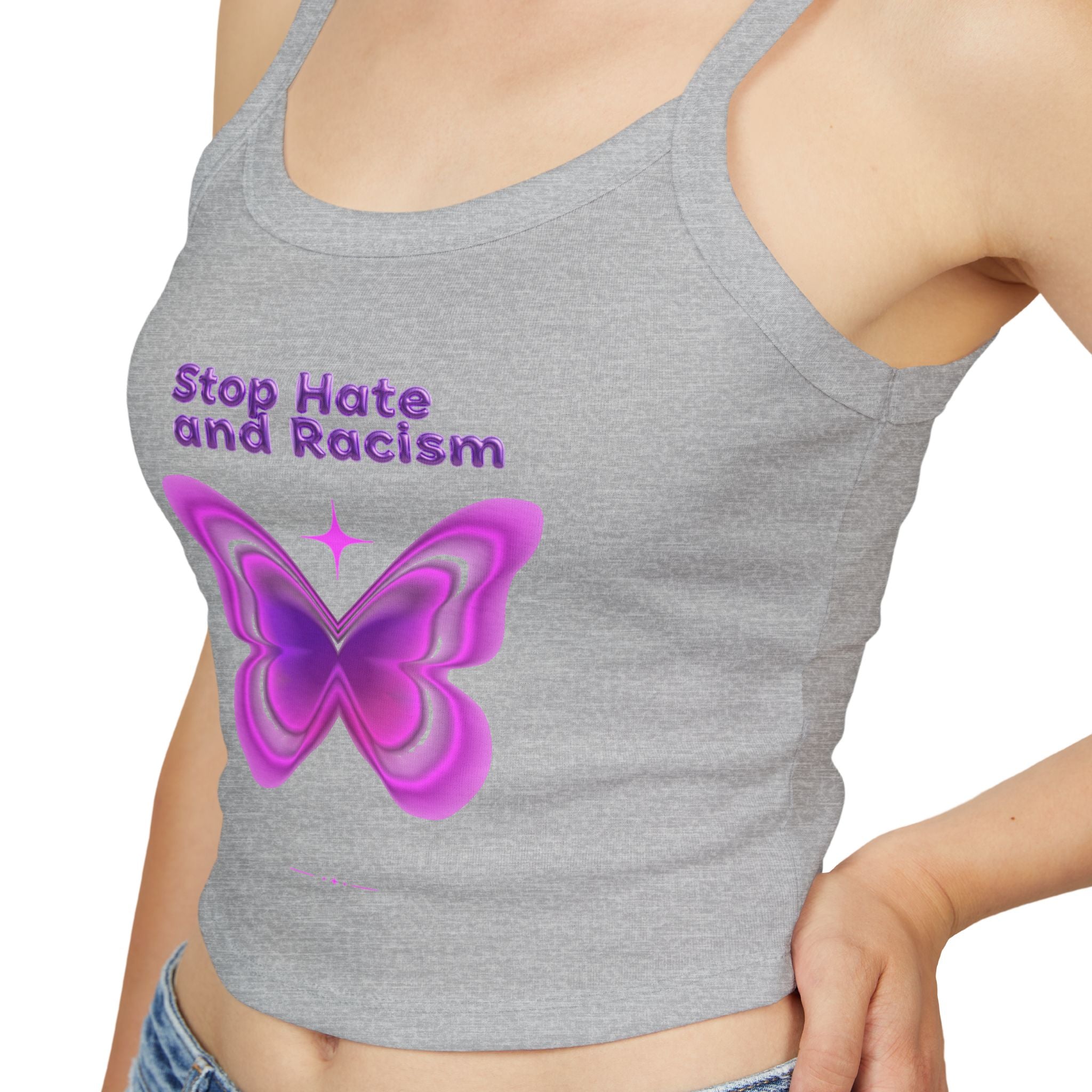 Stop Hate and Racism Butterfly Tank Top — Women's Pink Activist Crop