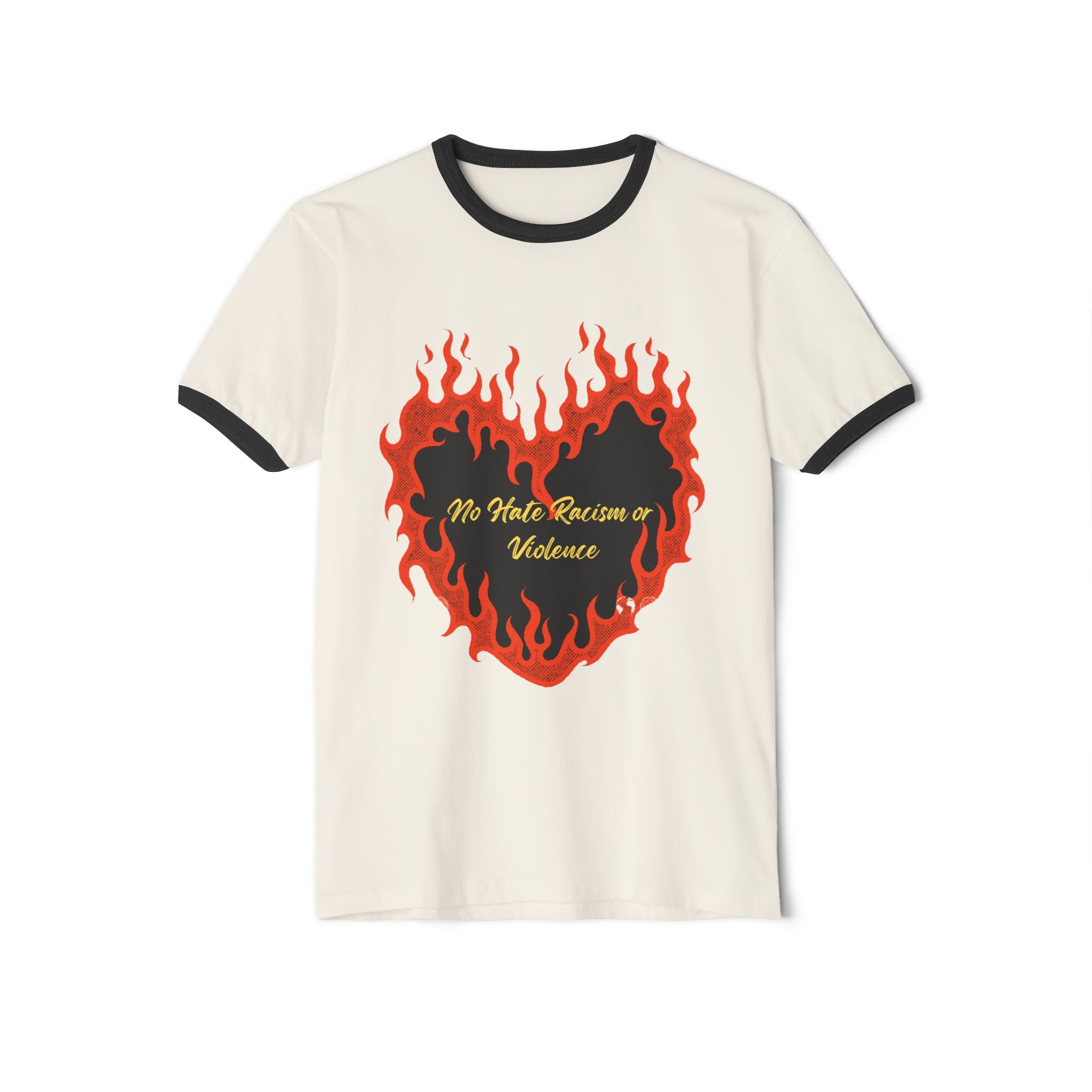 Ringer T-Shirt - Flaming Heart "No Hate, Racism or Violence" Graphic