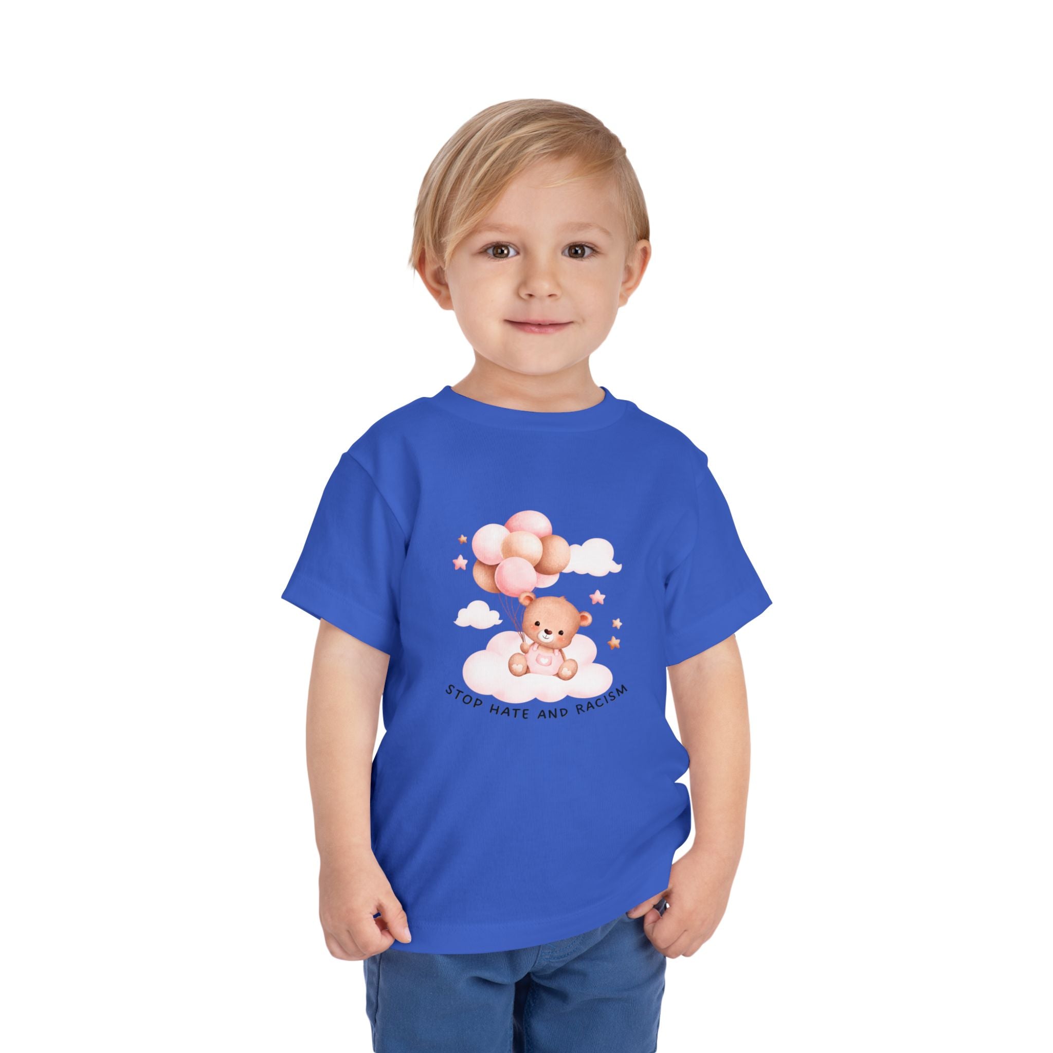 Toddler Tee — Cute Teddy with Balloons “Stop Hate and Racism”