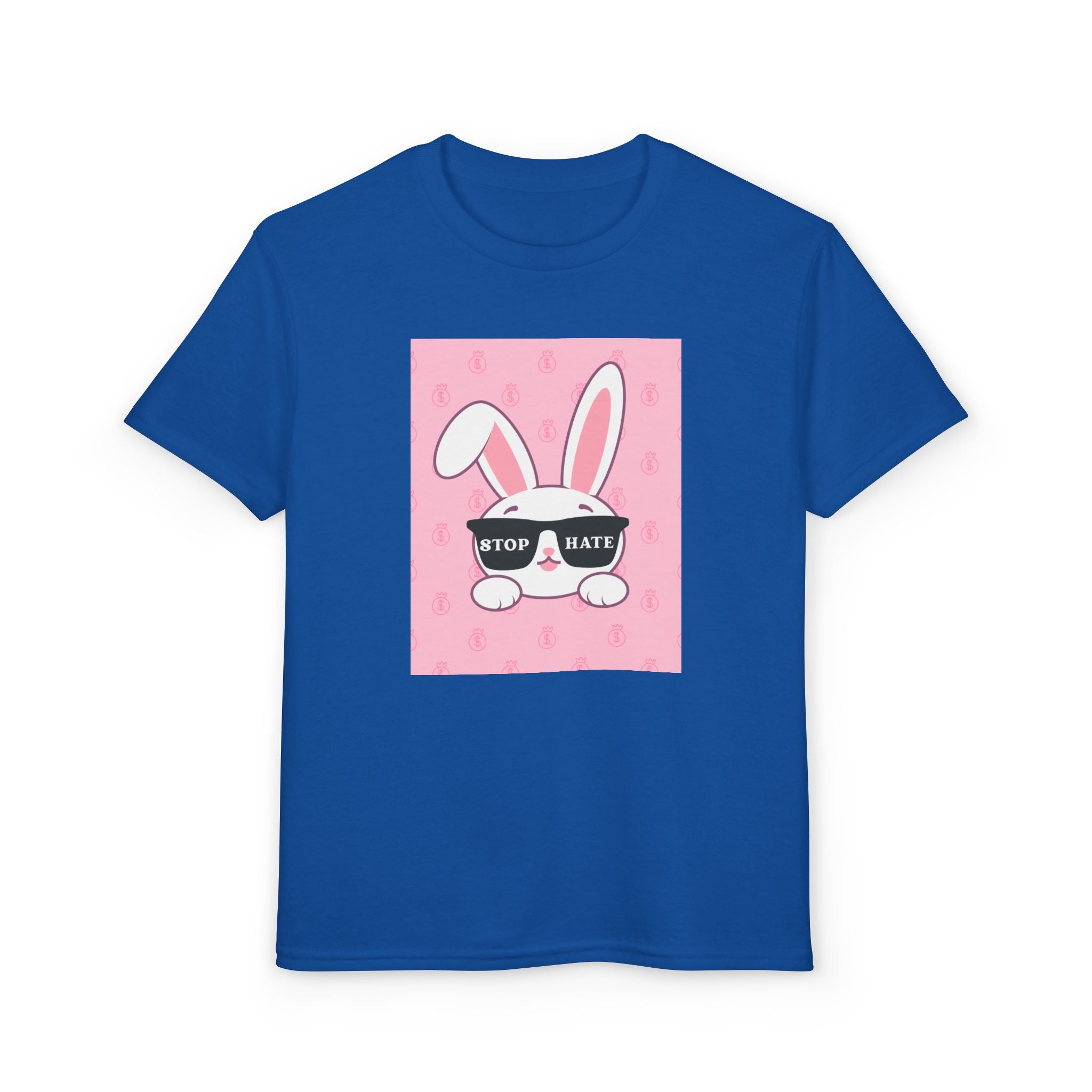Youth T-Shirt — Pink Bunny Wearing "Stop Hate" Sunglasses Kids Tee