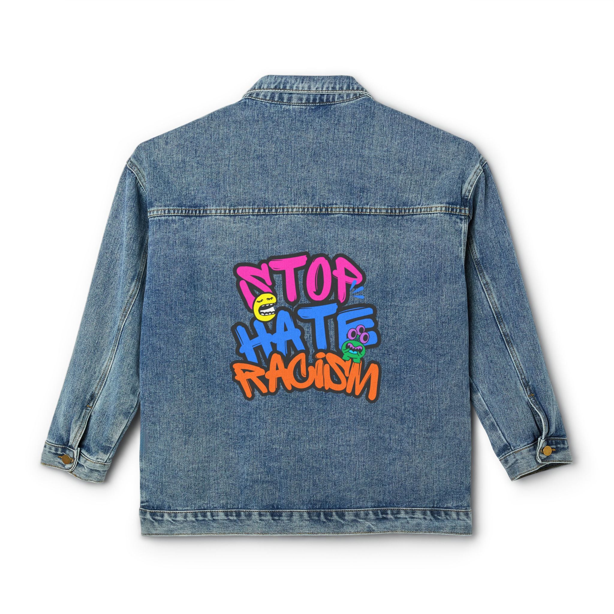 Denim Jacket — 'Stop Hate Racism' Colorful Graffiti Back Patch