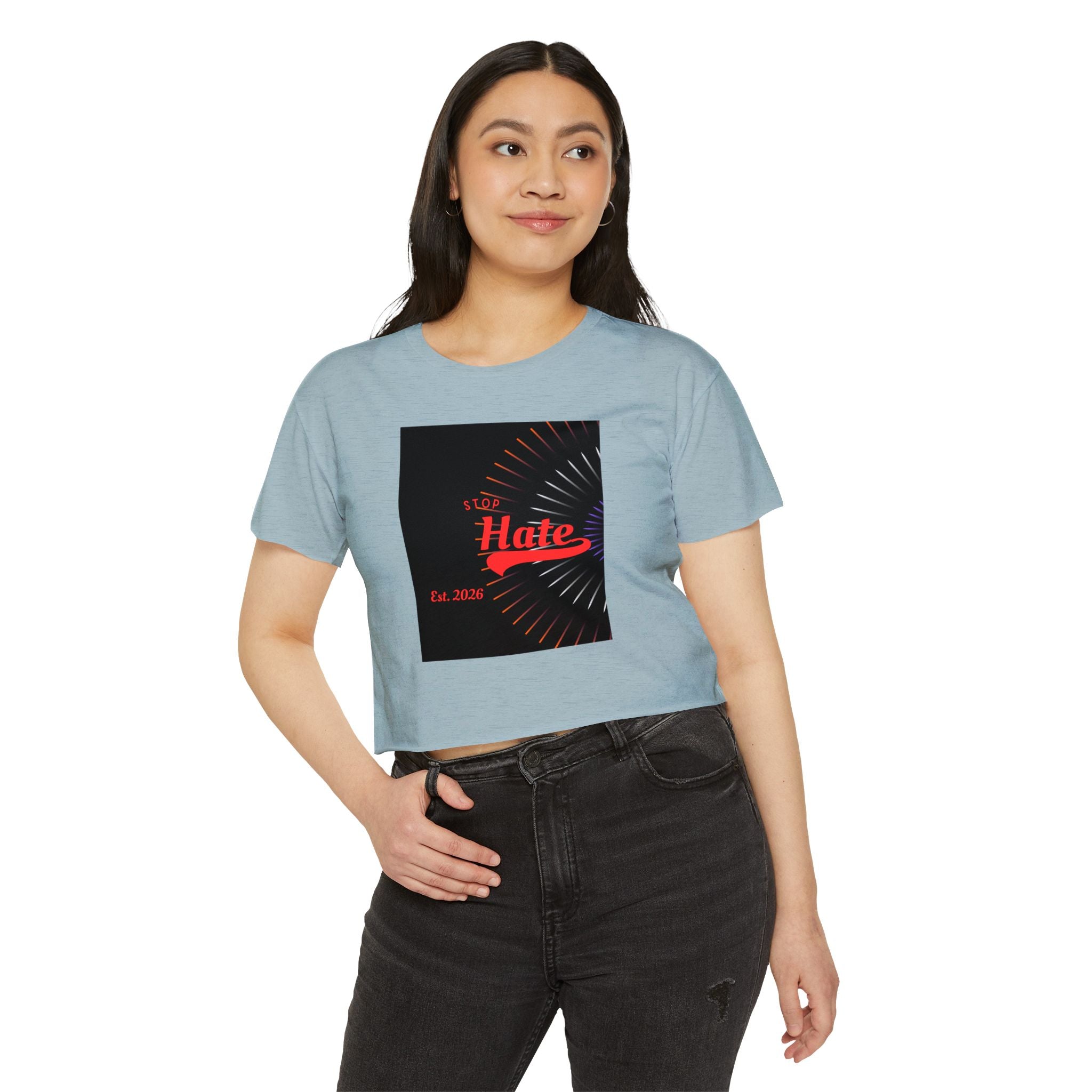 Crop Top — 'Stop Hate' Festival Crop Top, Retro Red Script Graphic