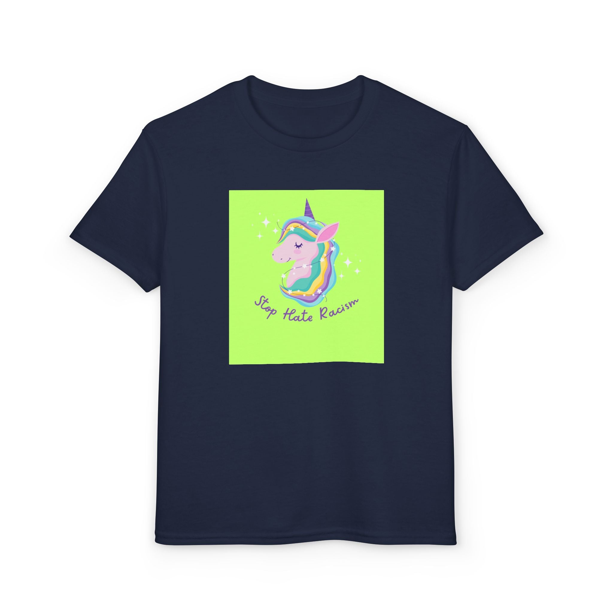 Youth T-Shirt — Rainbow Unicorn “Stop Hate Racism” Graphic