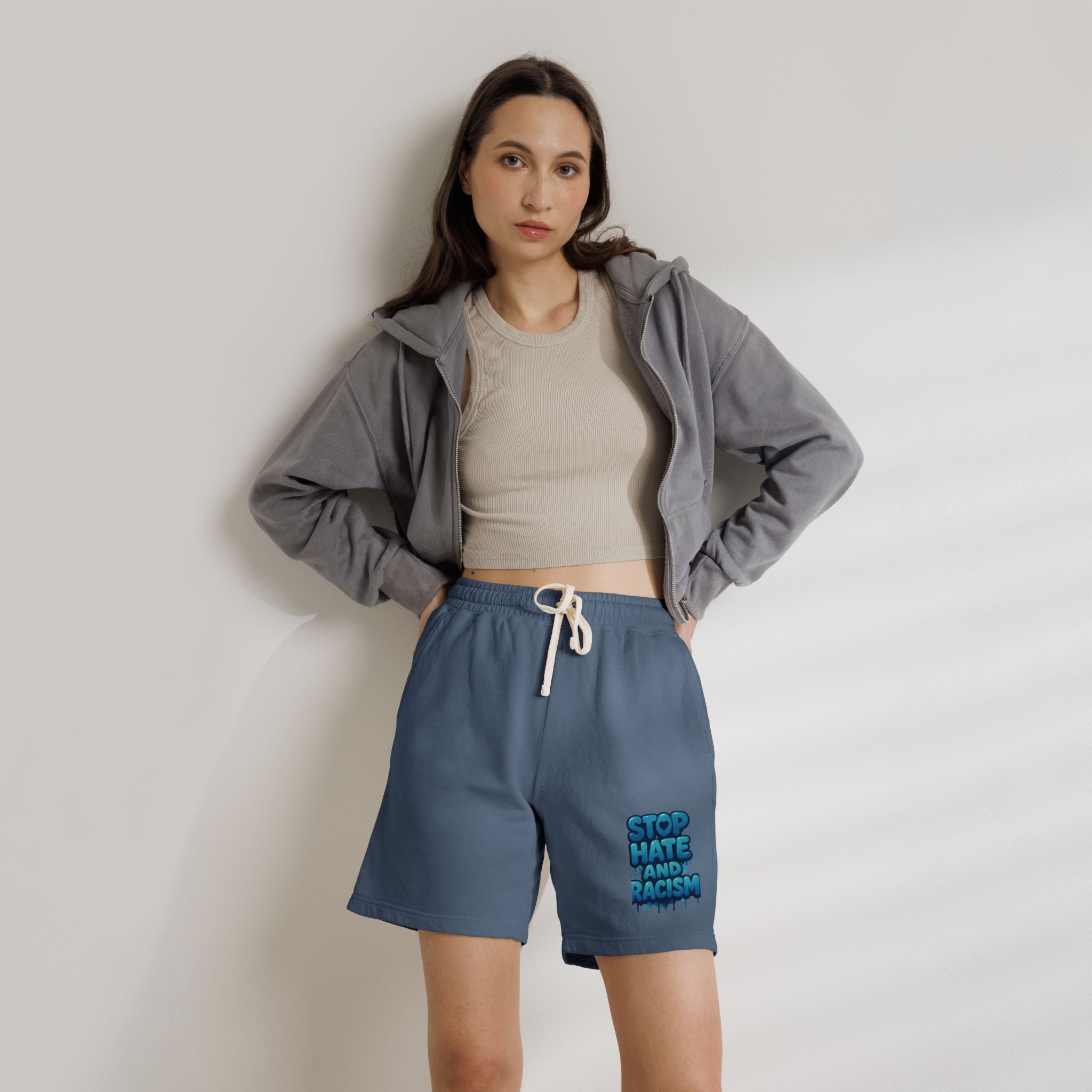 Stop Hate and Racism Fleece Sweat Shorts — Garment-Dyed Lightweight Lounge Shorts
