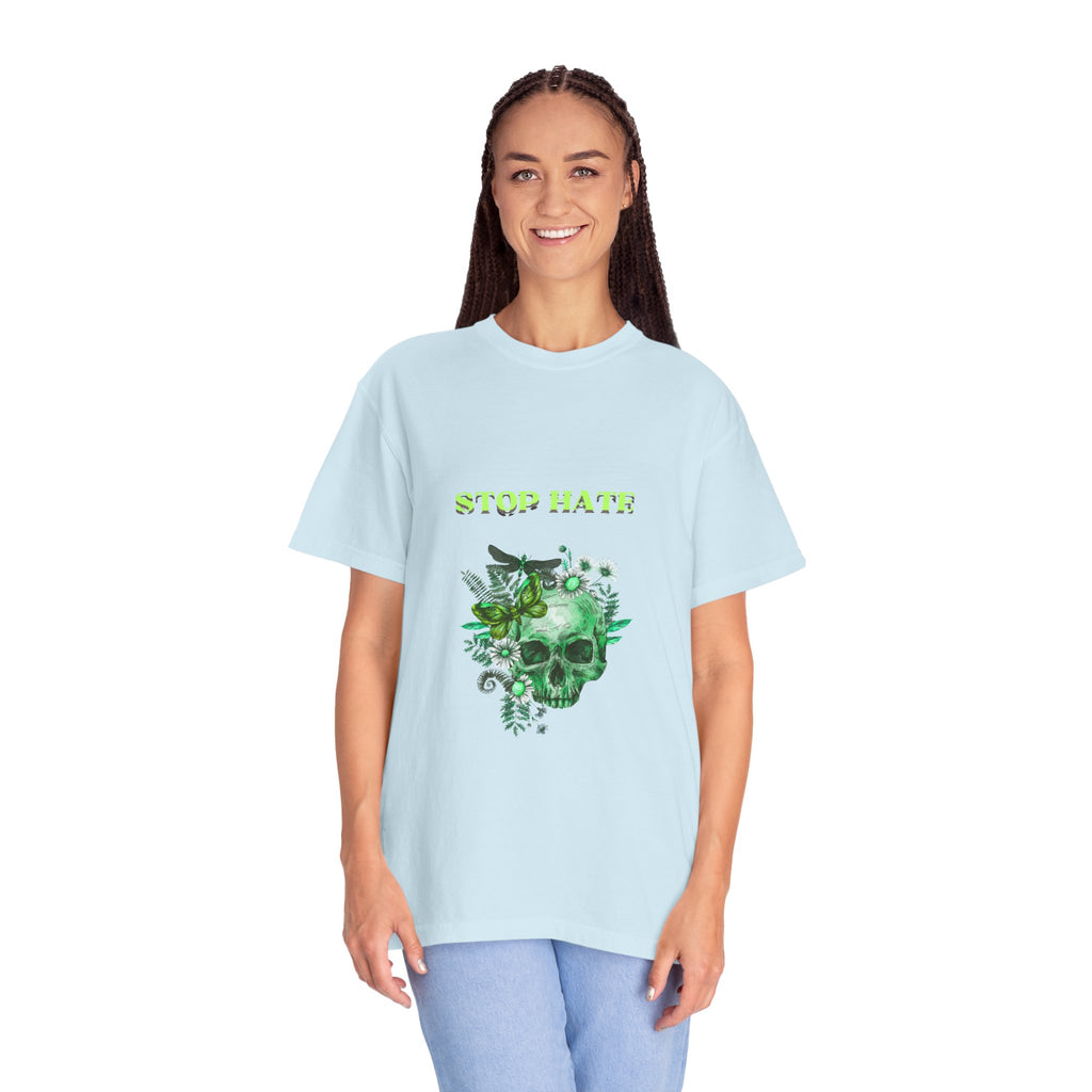 Stop Hate Skull T-Shirt — Green Floral Skull Graphic Tee