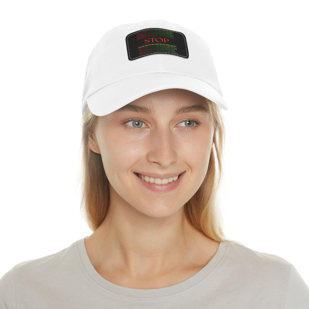 Leather Patch Dad Hat — 'STOP' Embossed Casual Baseball Cap