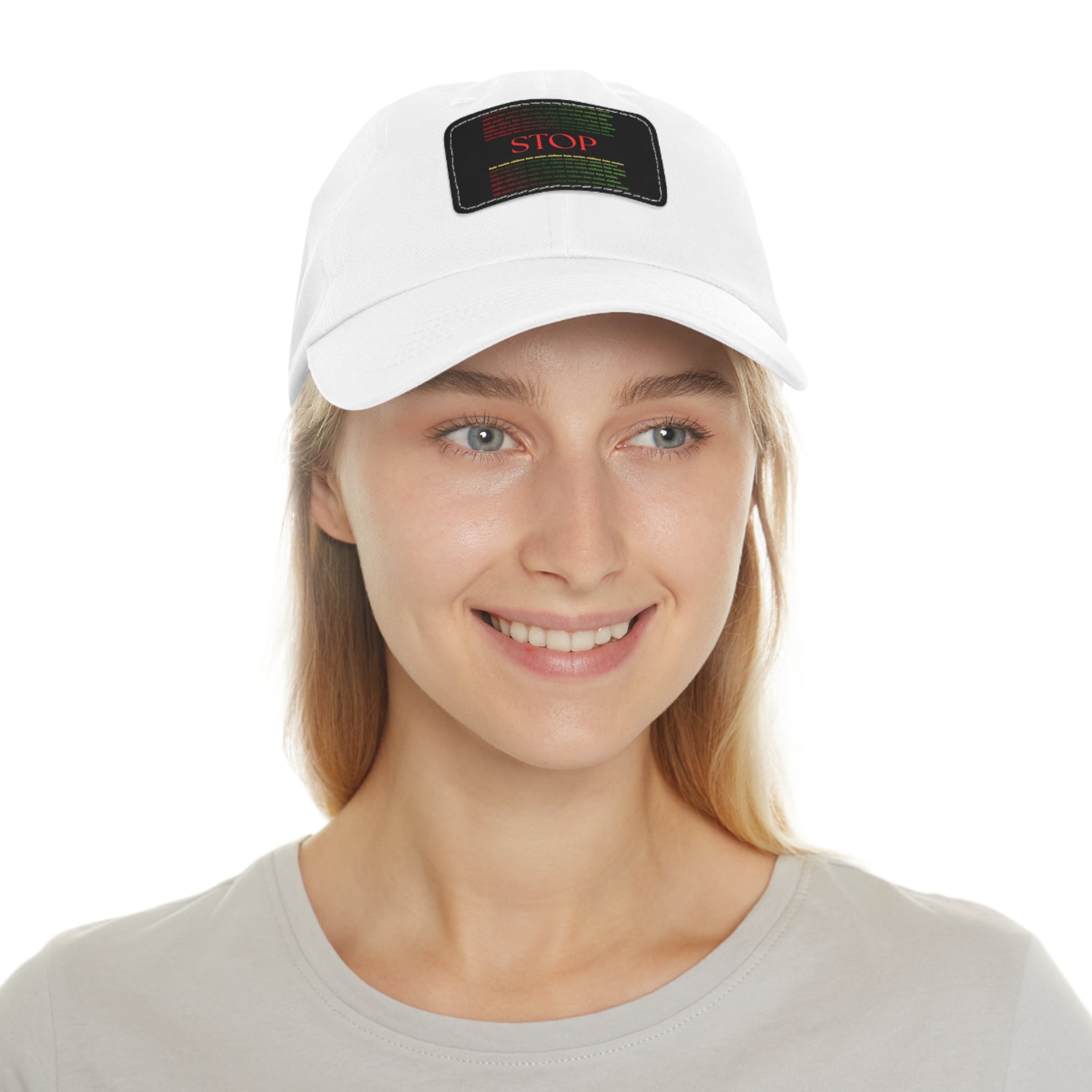 Leather Patch Dad Hat — 'STOP' Embossed Casual Baseball Cap