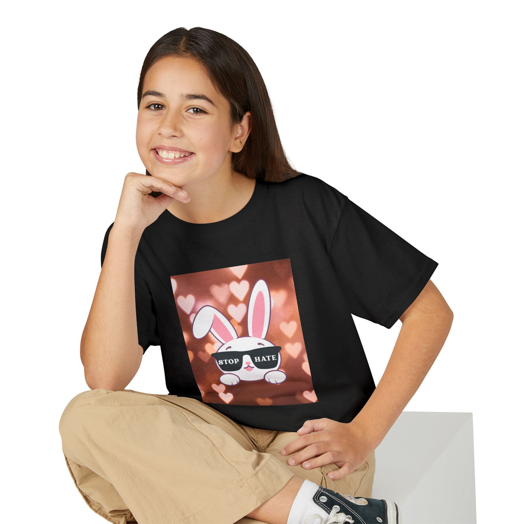 Youth T-Shirt — Cute Bunny with 'Stop the Hate' Sunglasses | Kids Anti-Bullying Tee