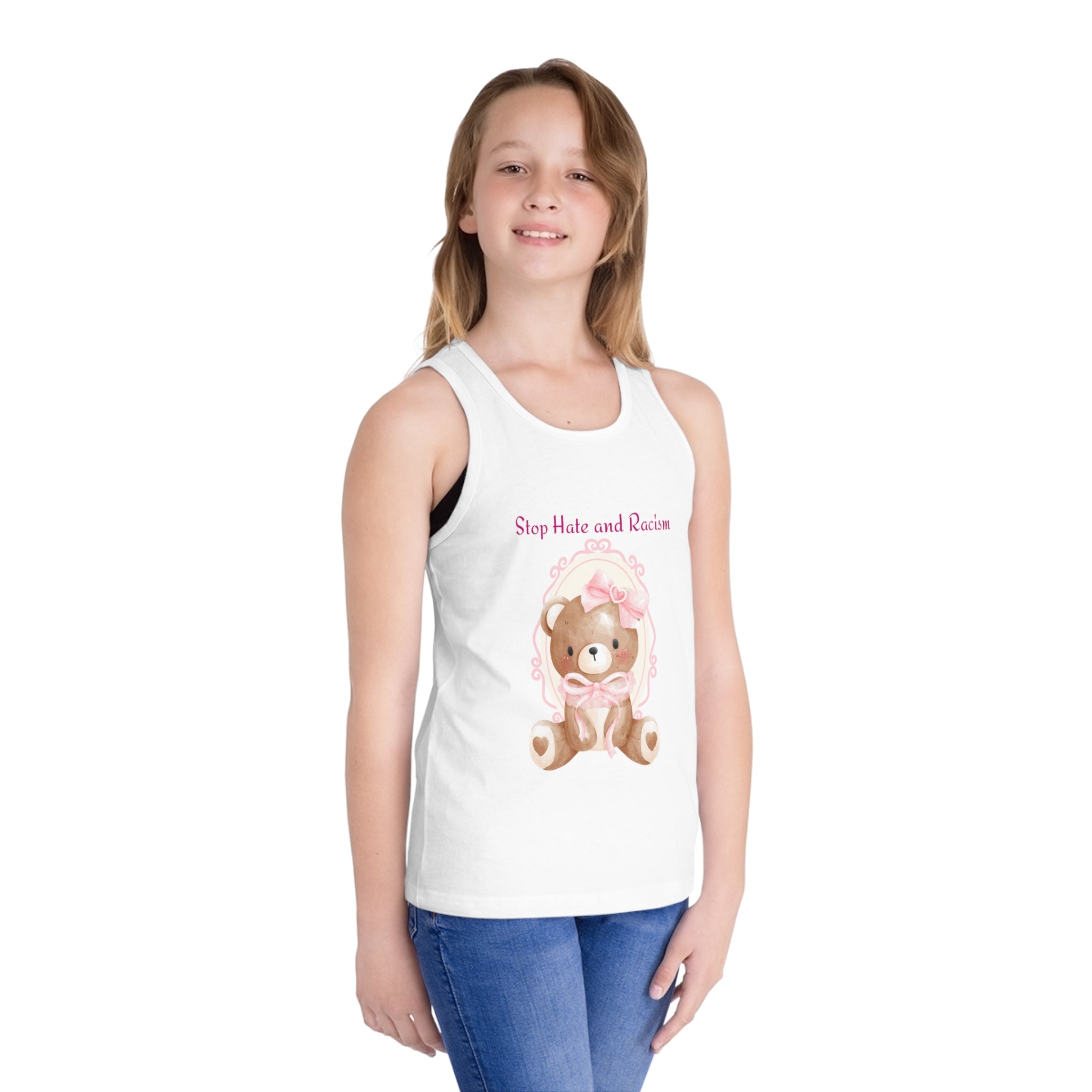 Kids Tank Top — "Stop Hate and Racism" Teddy Bear Graphic
