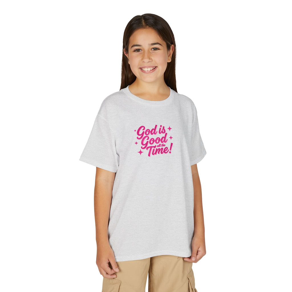 Youth T-Shirt — "God Is Good Time!" Pink Script Faith Tee