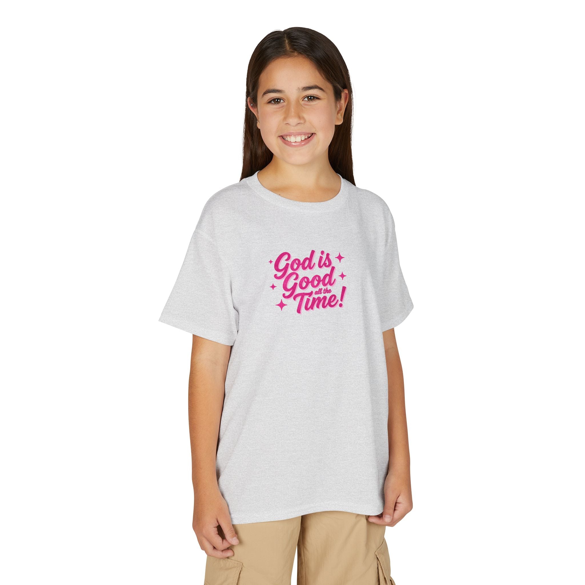 Youth T-Shirt — "God Is Good Time!" Pink Script Faith Tee