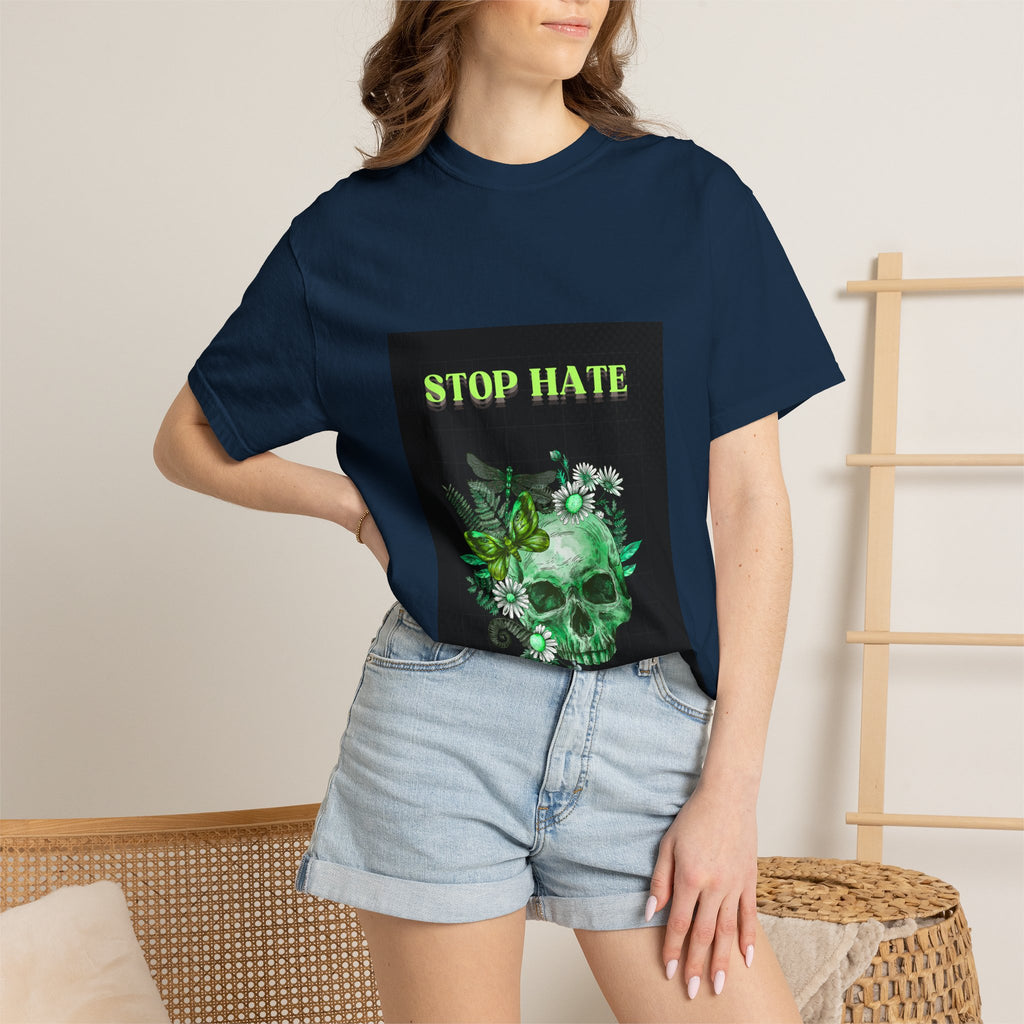 Stop Hate Skull T-Shirt — Green Floral Skull Graphic Tee