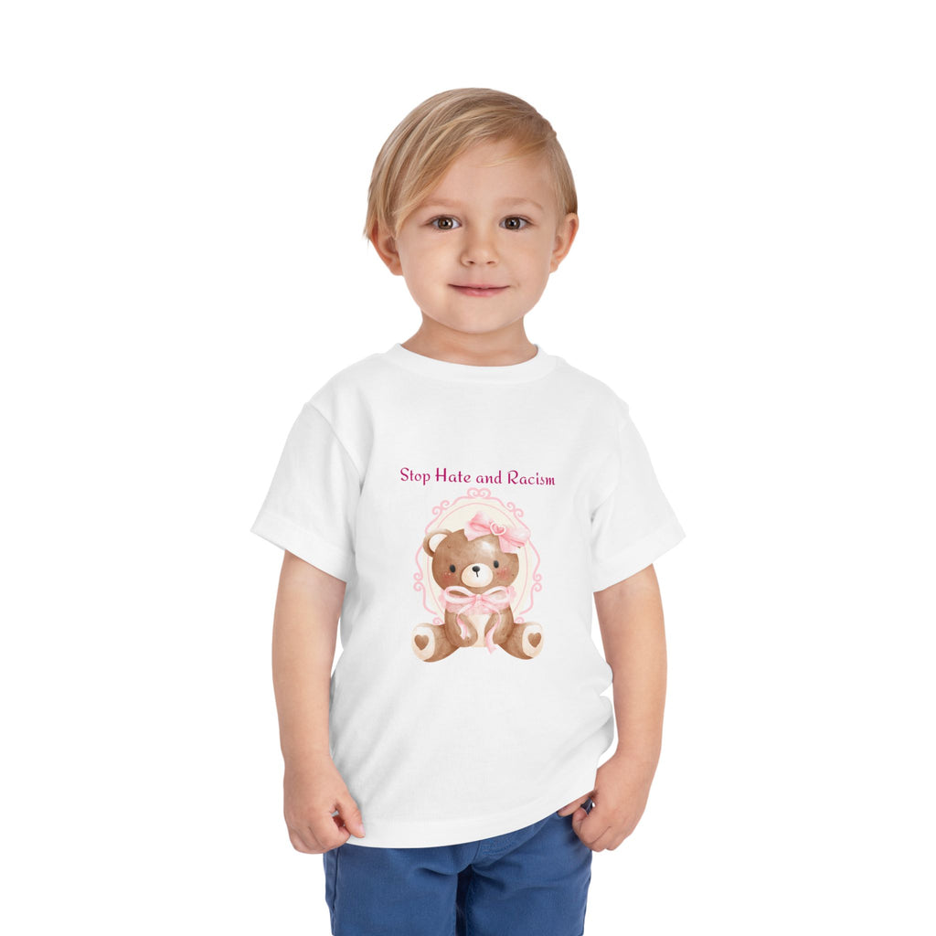Toddler Tee – Pink Teddy "Stop Hate and Racism" Anti-Racism Kids Shirt