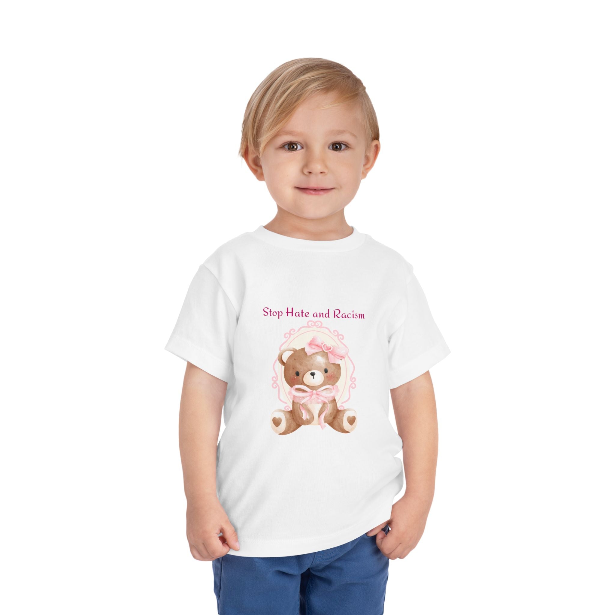 Toddler Tee – Pink Teddy "Stop Hate and Racism" Anti-Racism Kids Shirt