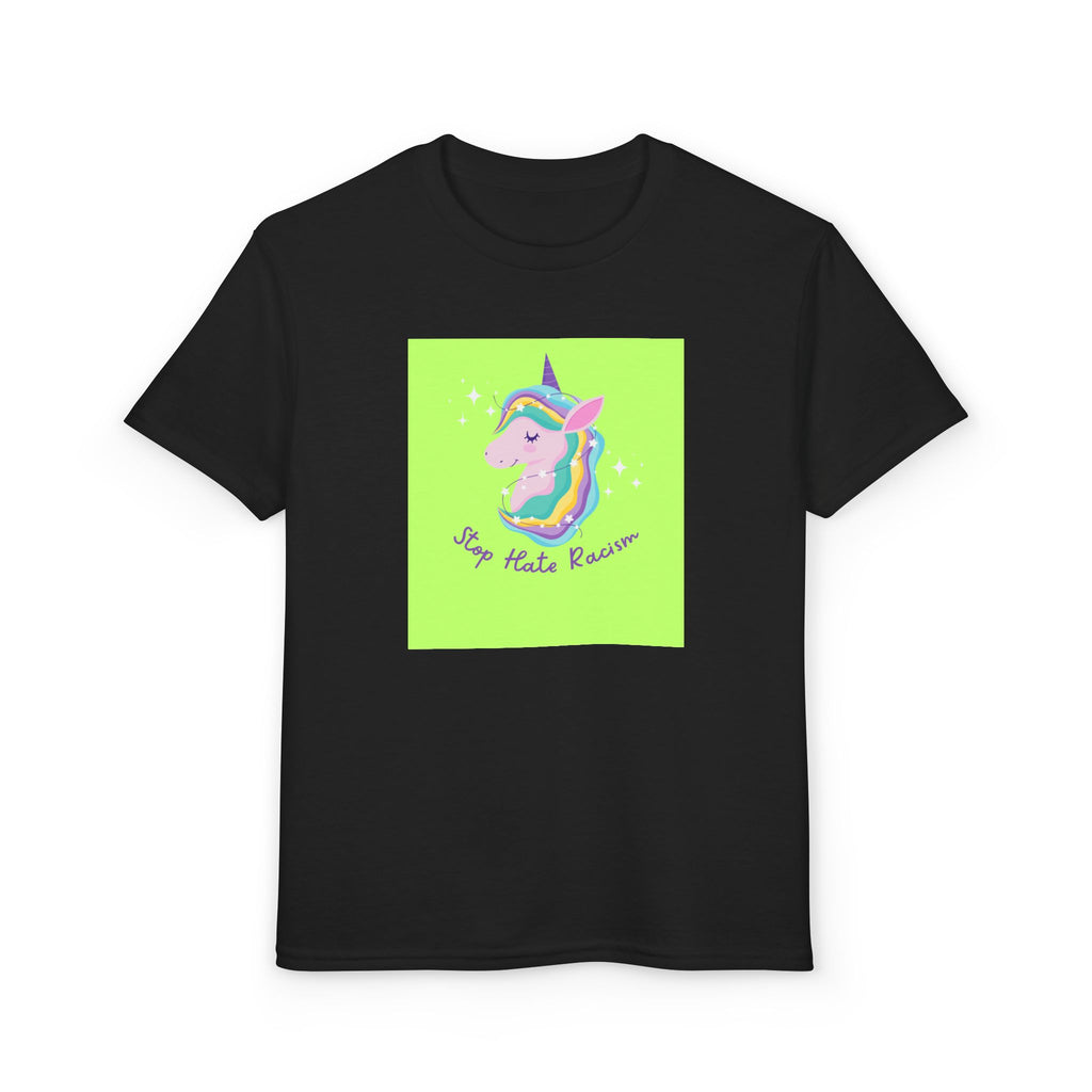 Youth T-Shirt — Rainbow Unicorn “Stop Hate Racism” Graphic