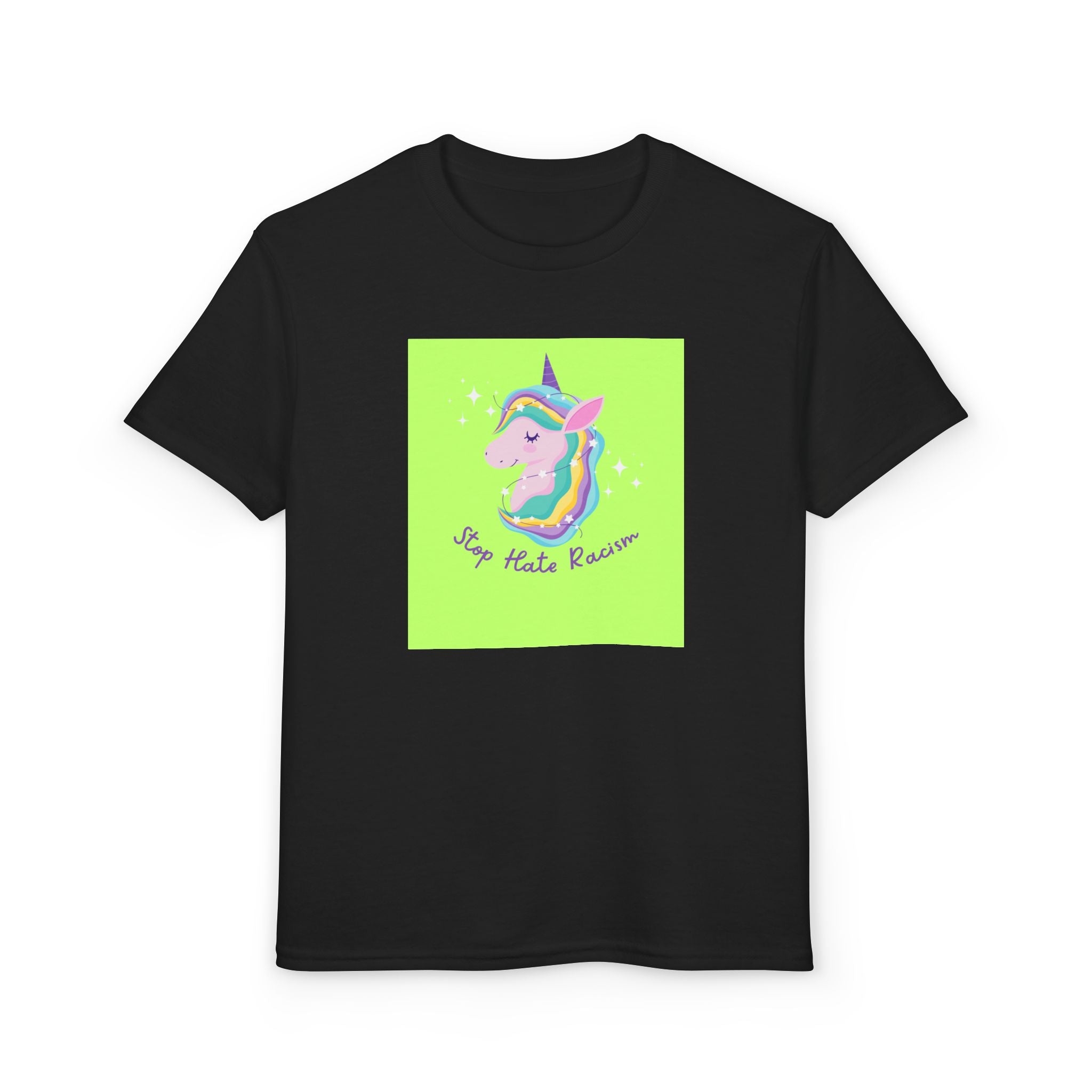 Youth T-Shirt — Rainbow Unicorn “Stop Hate Racism” Graphic