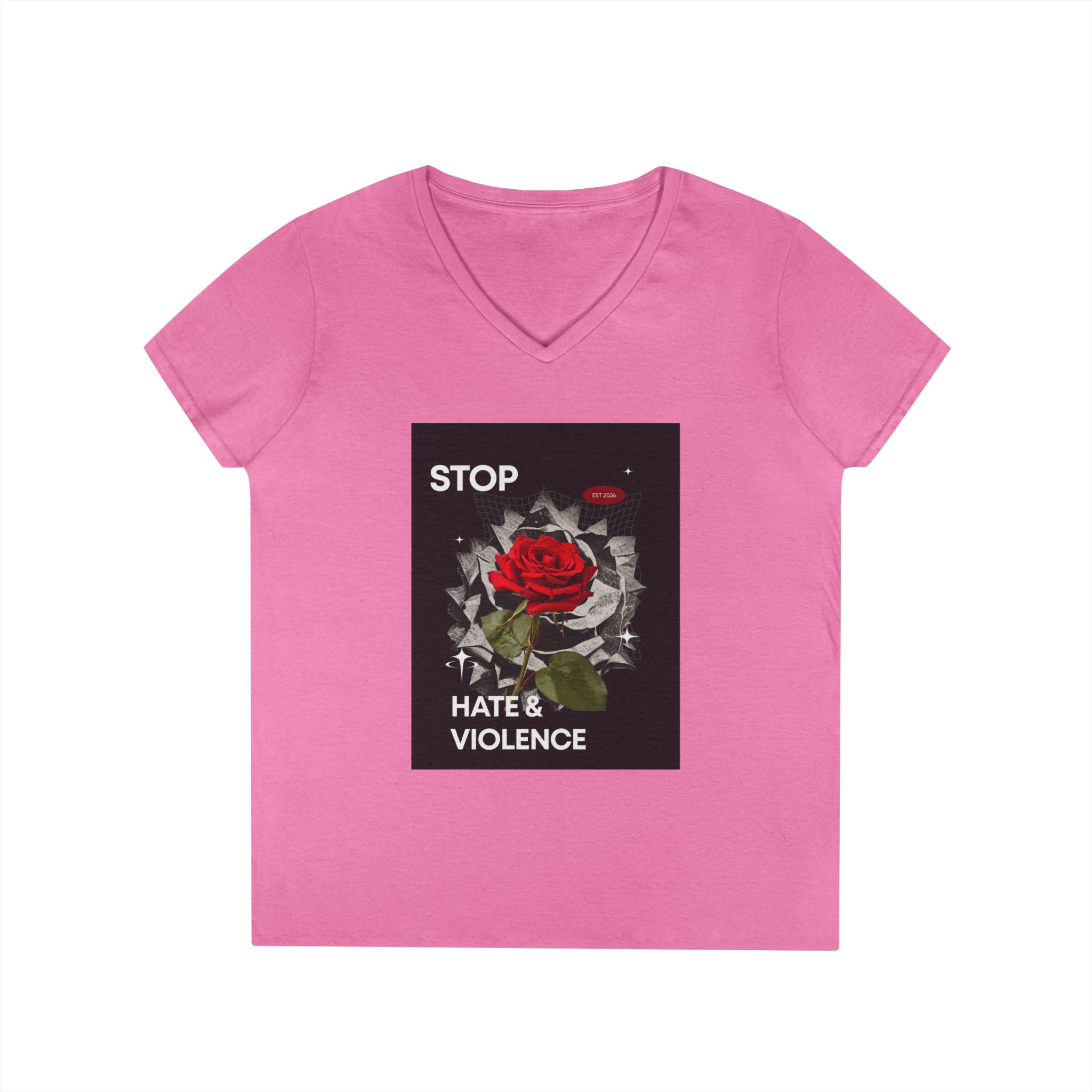 Stop Hate & Violence Women's V-Neck T-Shirt — Red Rose Peace Graphic Tee